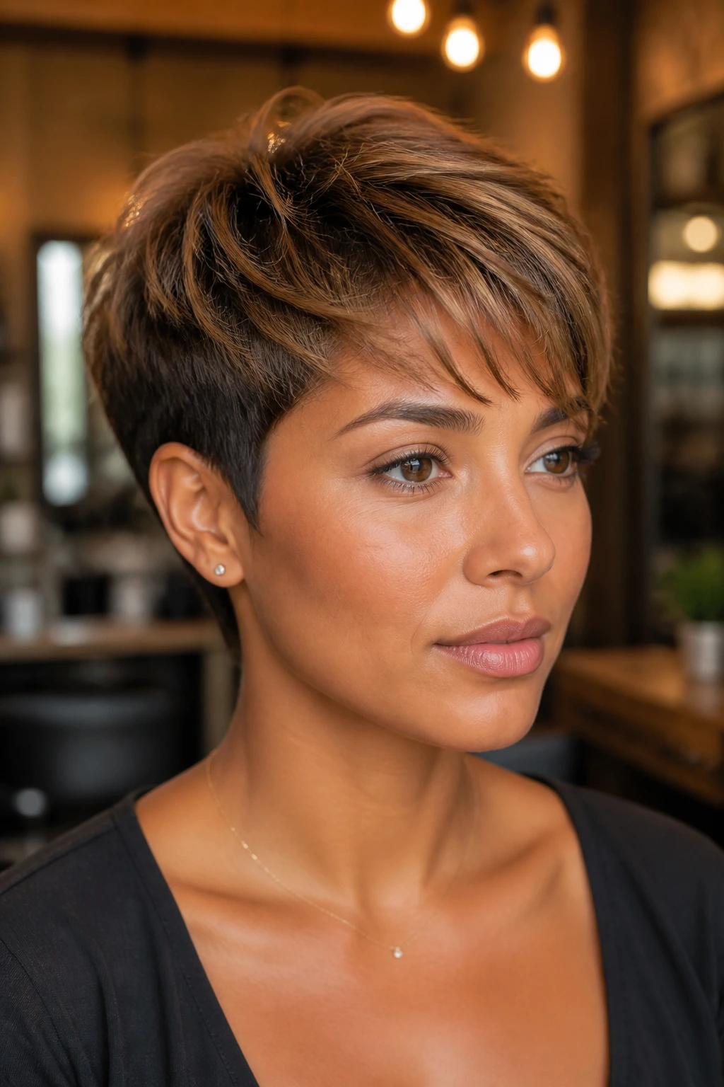 Close-up of a pixie-cut hairstyle with caramel veil on top layers.