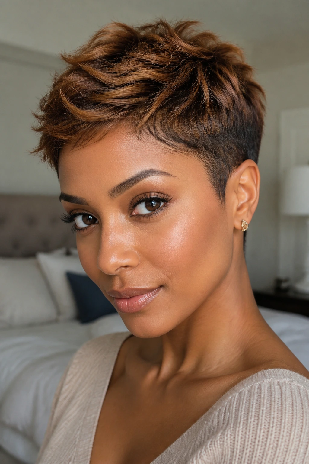 Close-up portrait of a real woman with caramel pixie and tapered sides