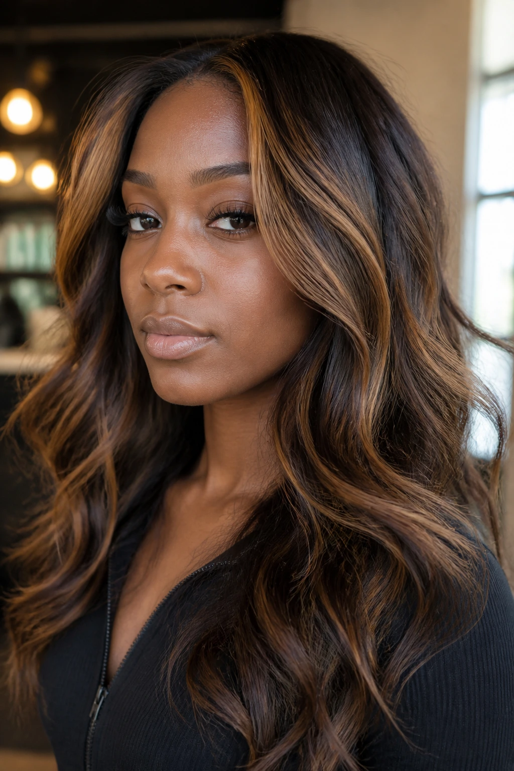 Portrait showing different caramel placements in brunette hair