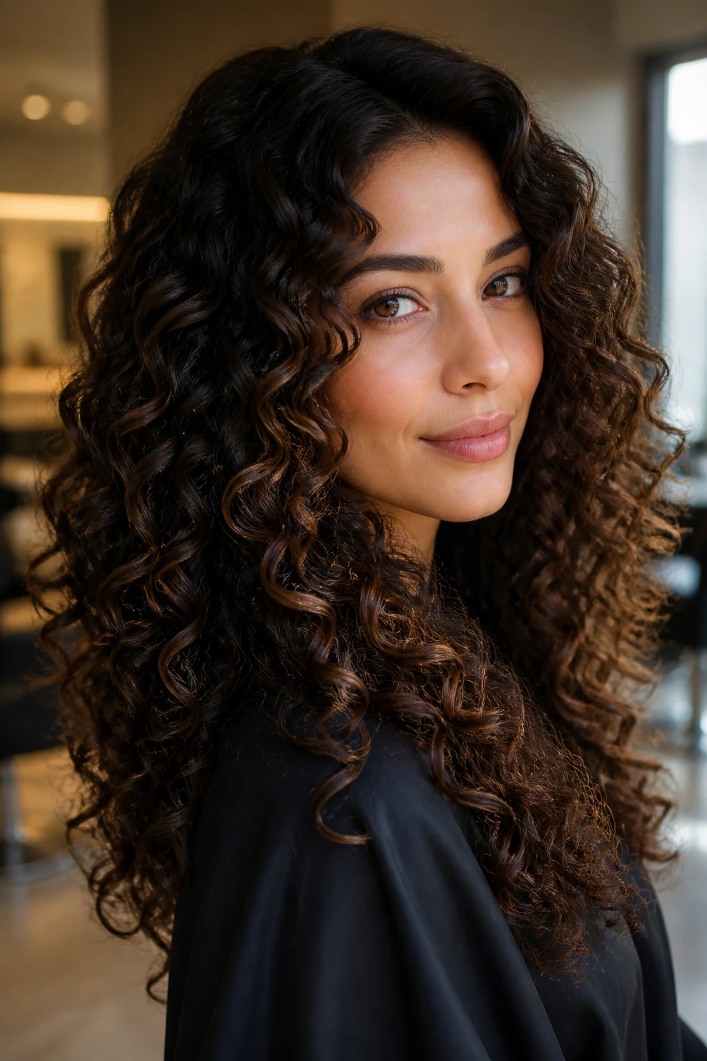 Caramel placement on outer curls of dark hair