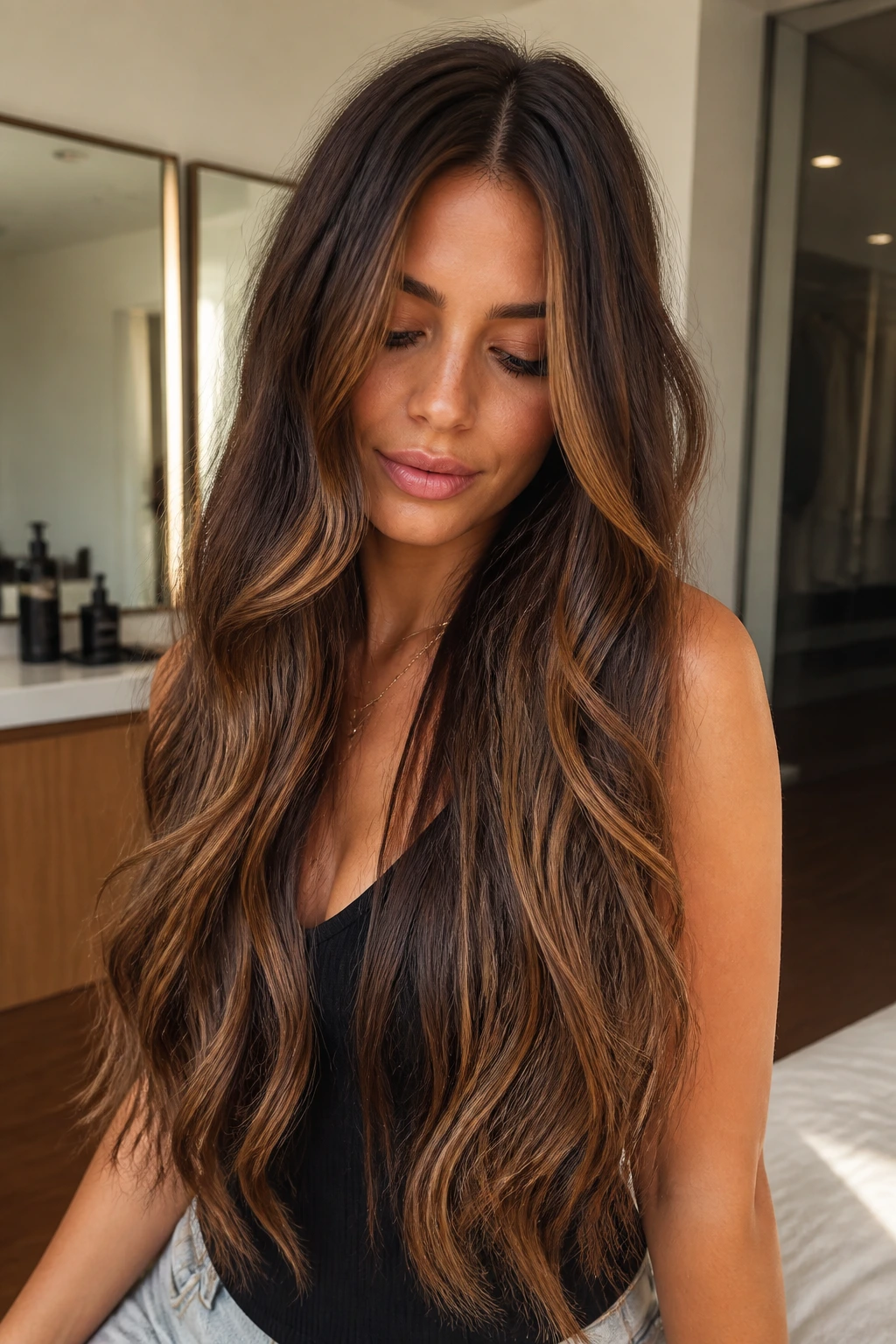 Waist-length hair demonstrating caramel placement strategy