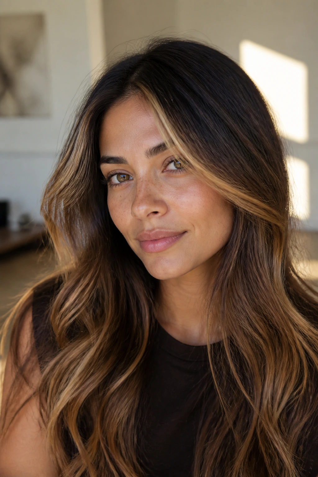 Close-up of a real person showing caramel placement around the face on olive skin