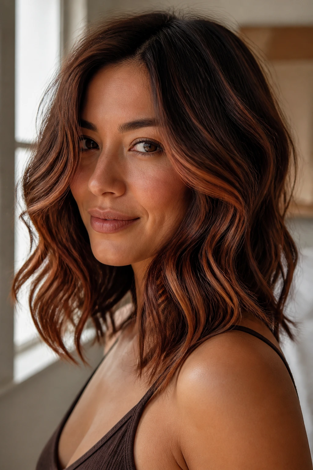Close-up portrait of a real woman with wavy hair showing cinnamon latte to smoked copper caramel red tones