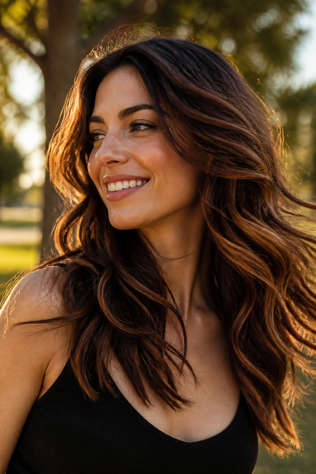 Close-up of a real woman with dynamic caramel red highlights in moving dark wavy hair outdoors at golden hour