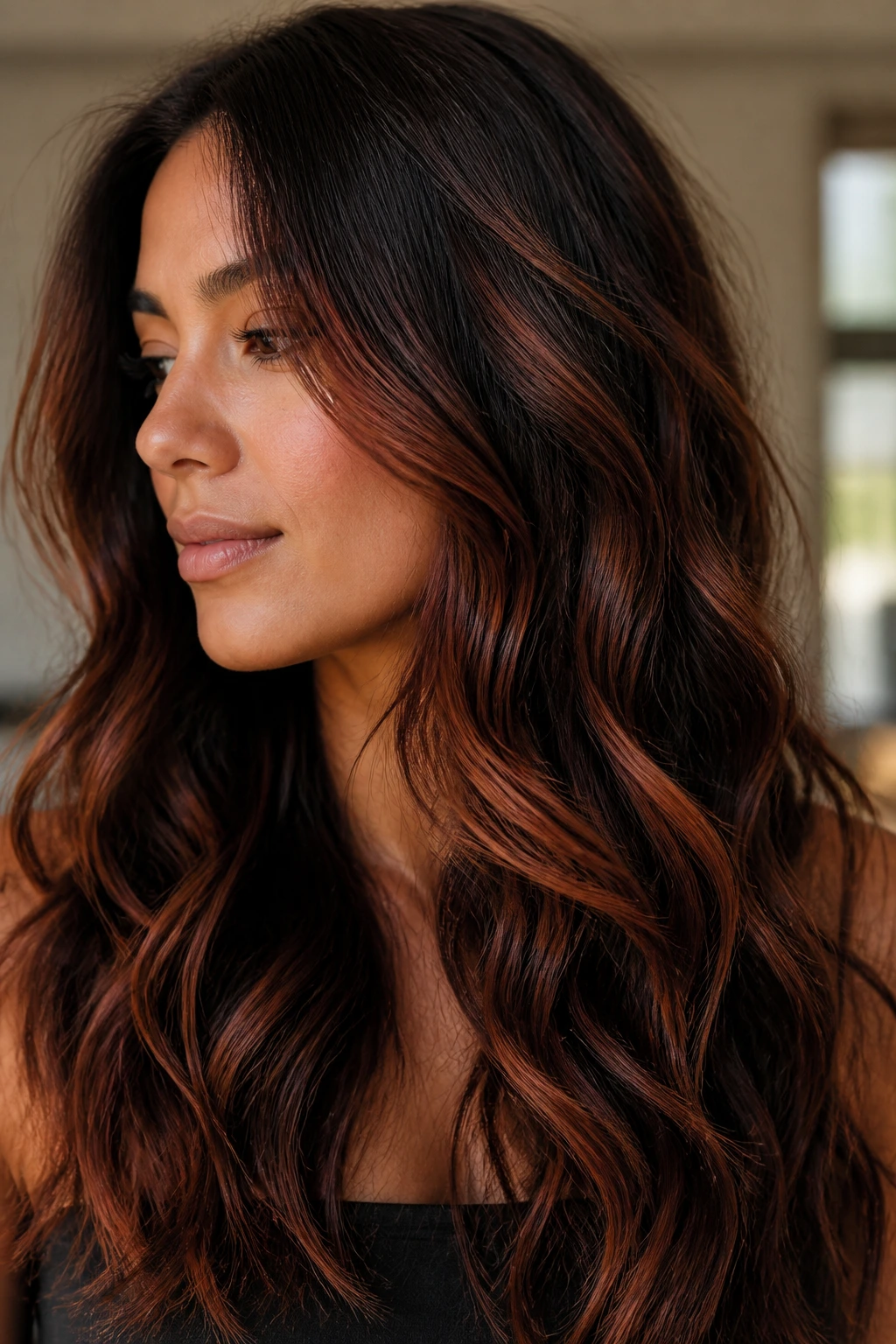 Close-up of dark, wavy hair with caramel red ribbon highlights on a real person