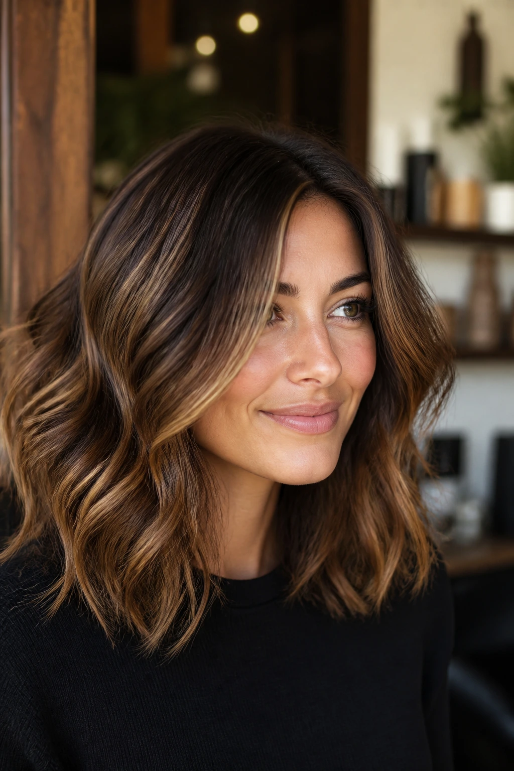 Chestnut hair with caramel ribbon balayage and subtle root melt on a real person