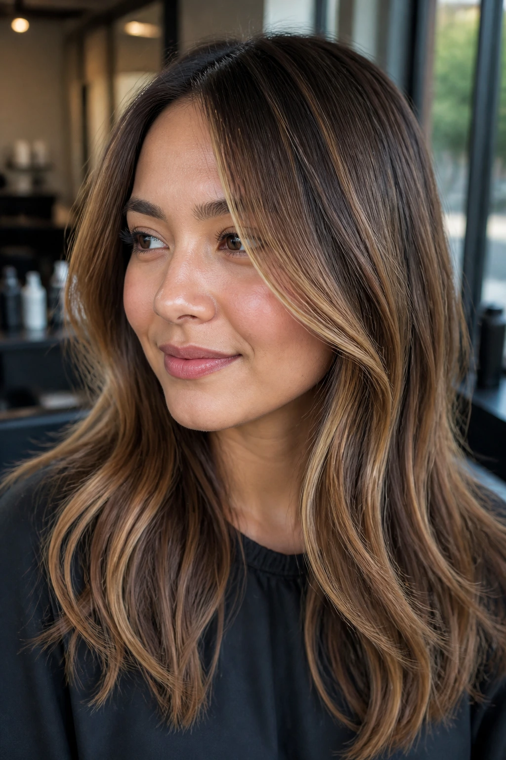 Close-up of caramel ribbon balayage on a real person with ribbons around the face