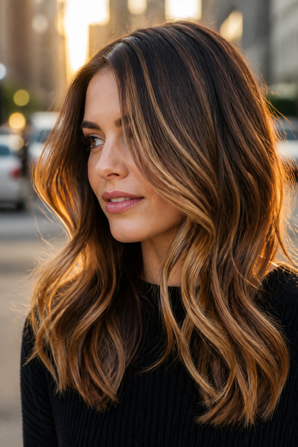 Close-up of a person with diagonal caramel ribbons in mid-lengths