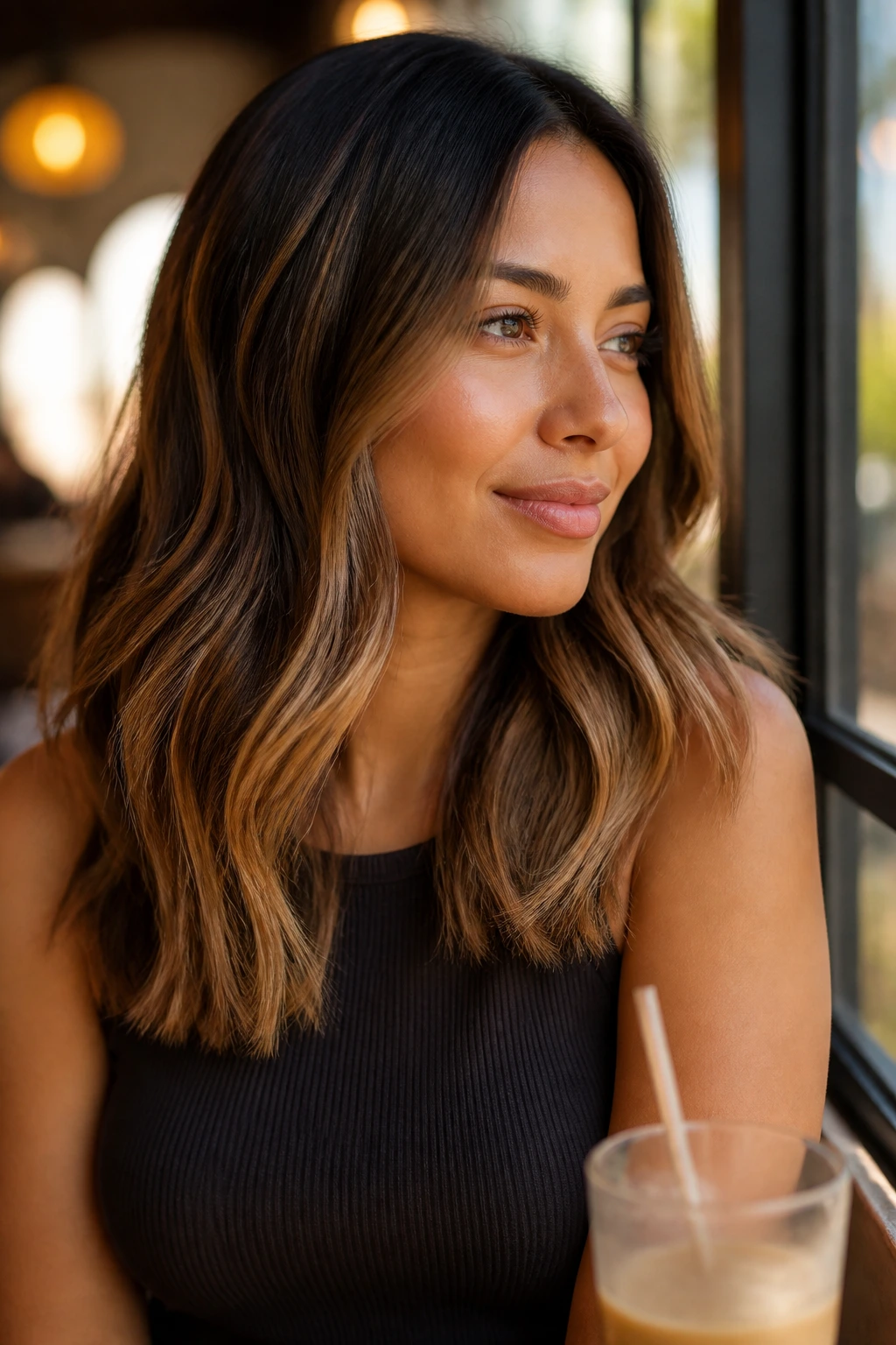 Close-up portrait of a woman with caramel ribbon balayage highlighting mid-lengths and ends
