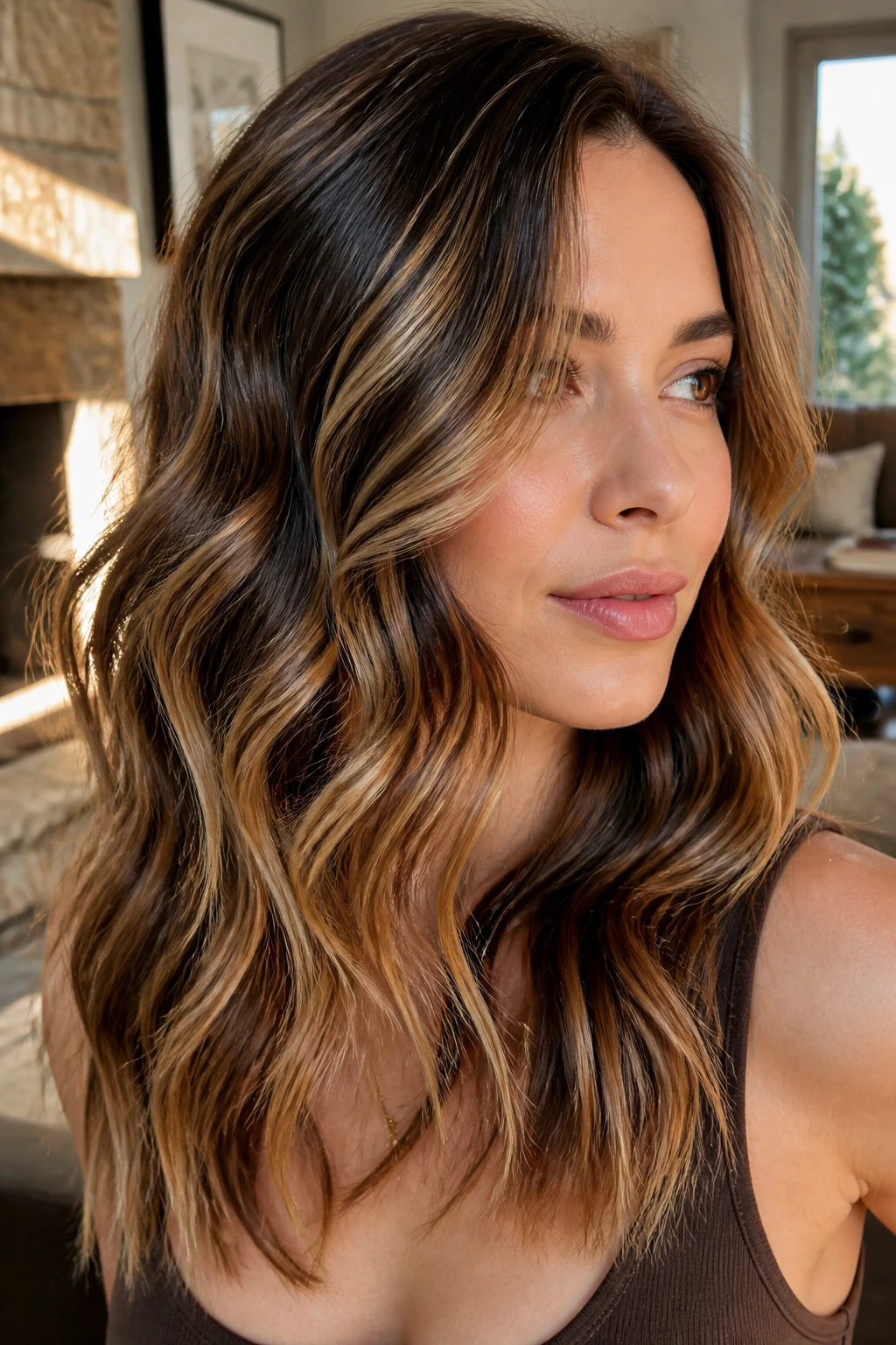 Close-up of a real woman with caramel ribbon balayage on wavy hair in warm indoor light