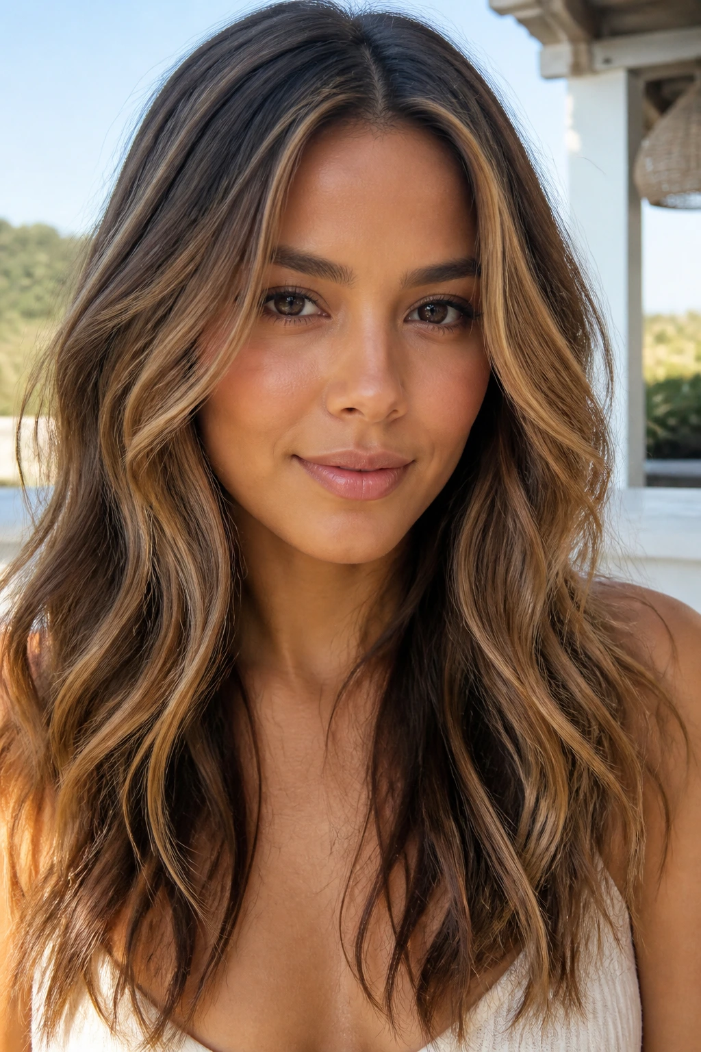 Portrait of a woman with caramel ribbon blonde in waves