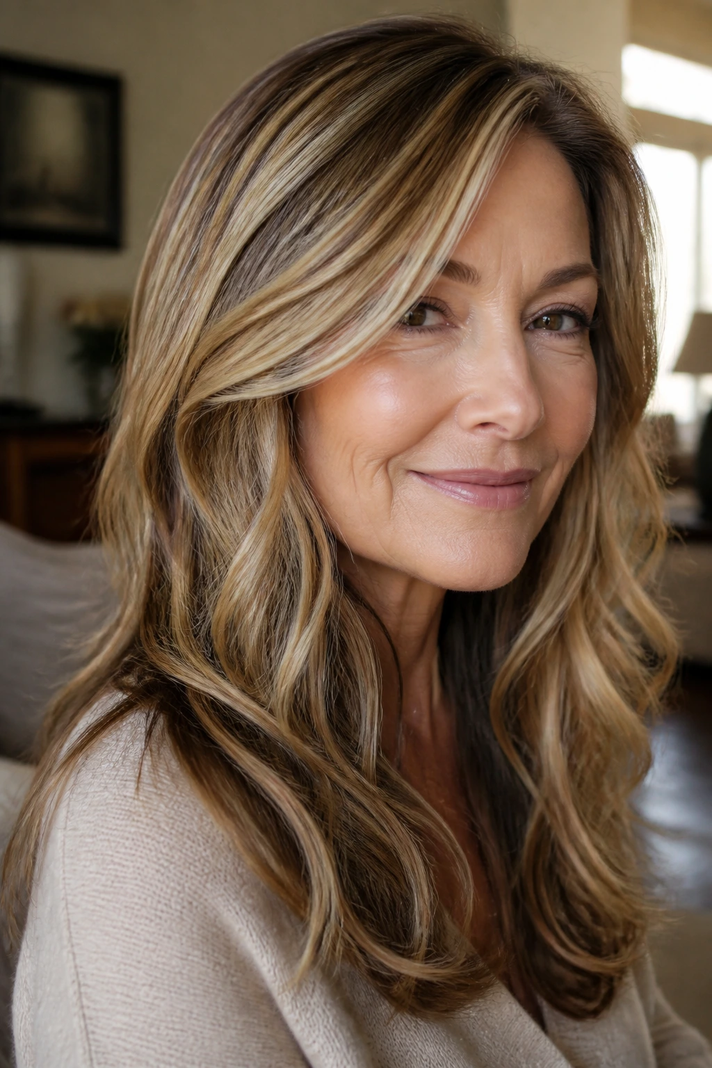 Close-up portrait of a woman with caramel ribbon blonde highlights and darker base.