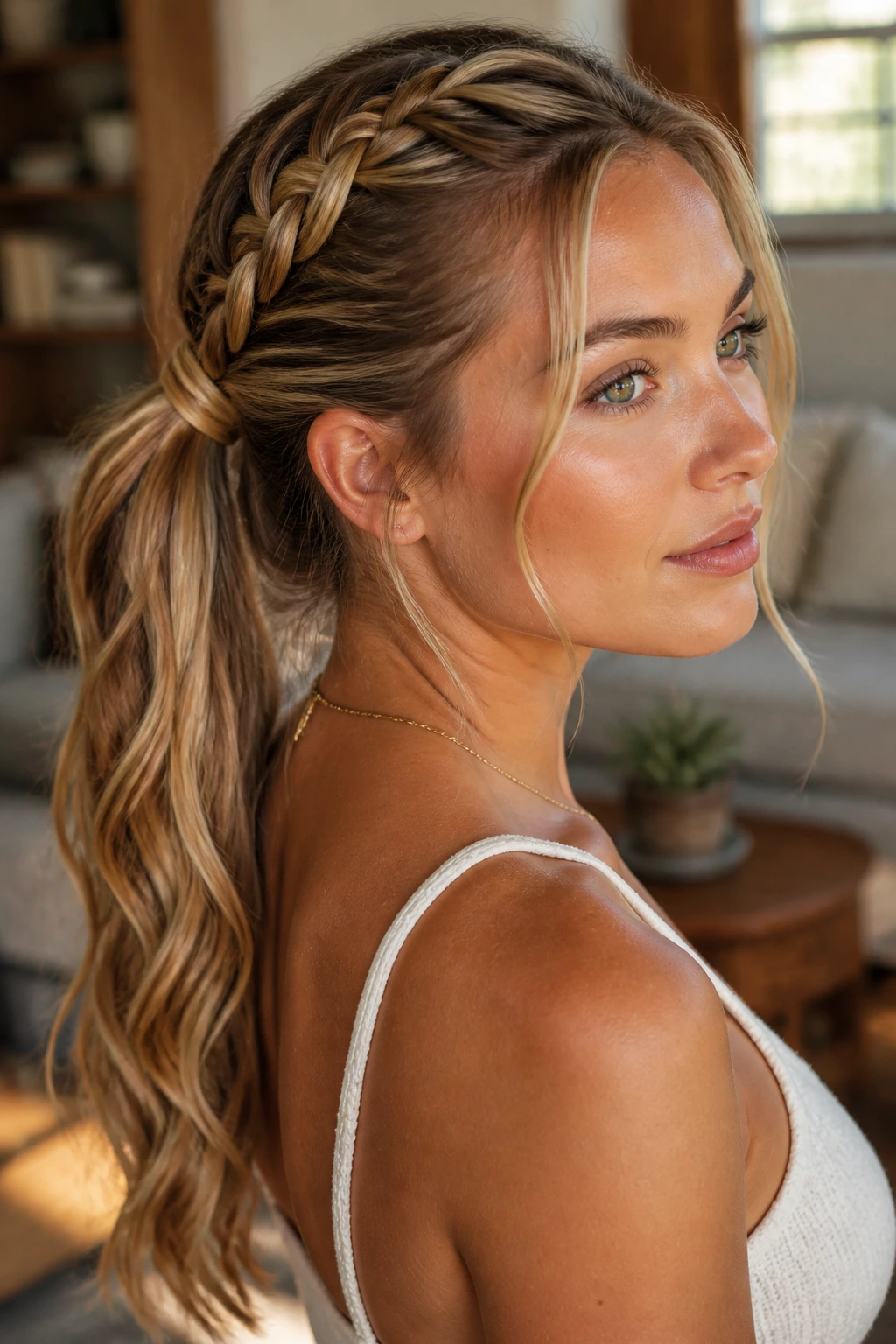 Close-up of a real woman with a caramel ribbon braided ponytail and warm blonde tones