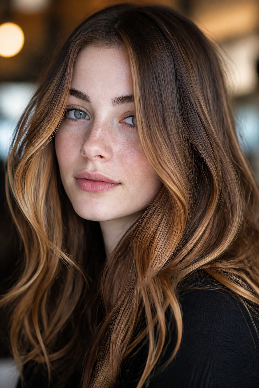 Portrait of caramel ribbon brunette with light-catching ribbons on pale skin.