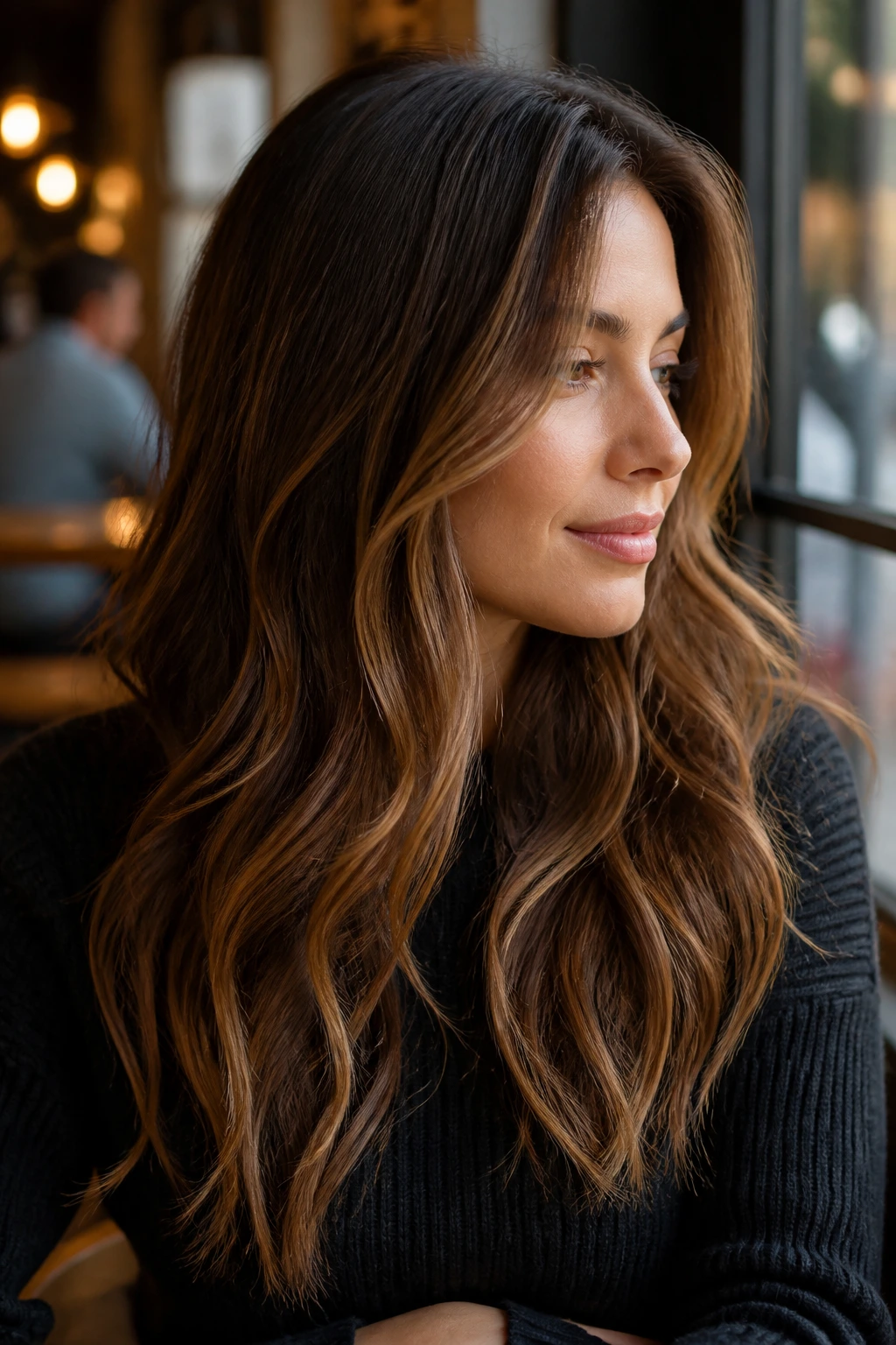 Brunette with caramel ribbons woven through hair