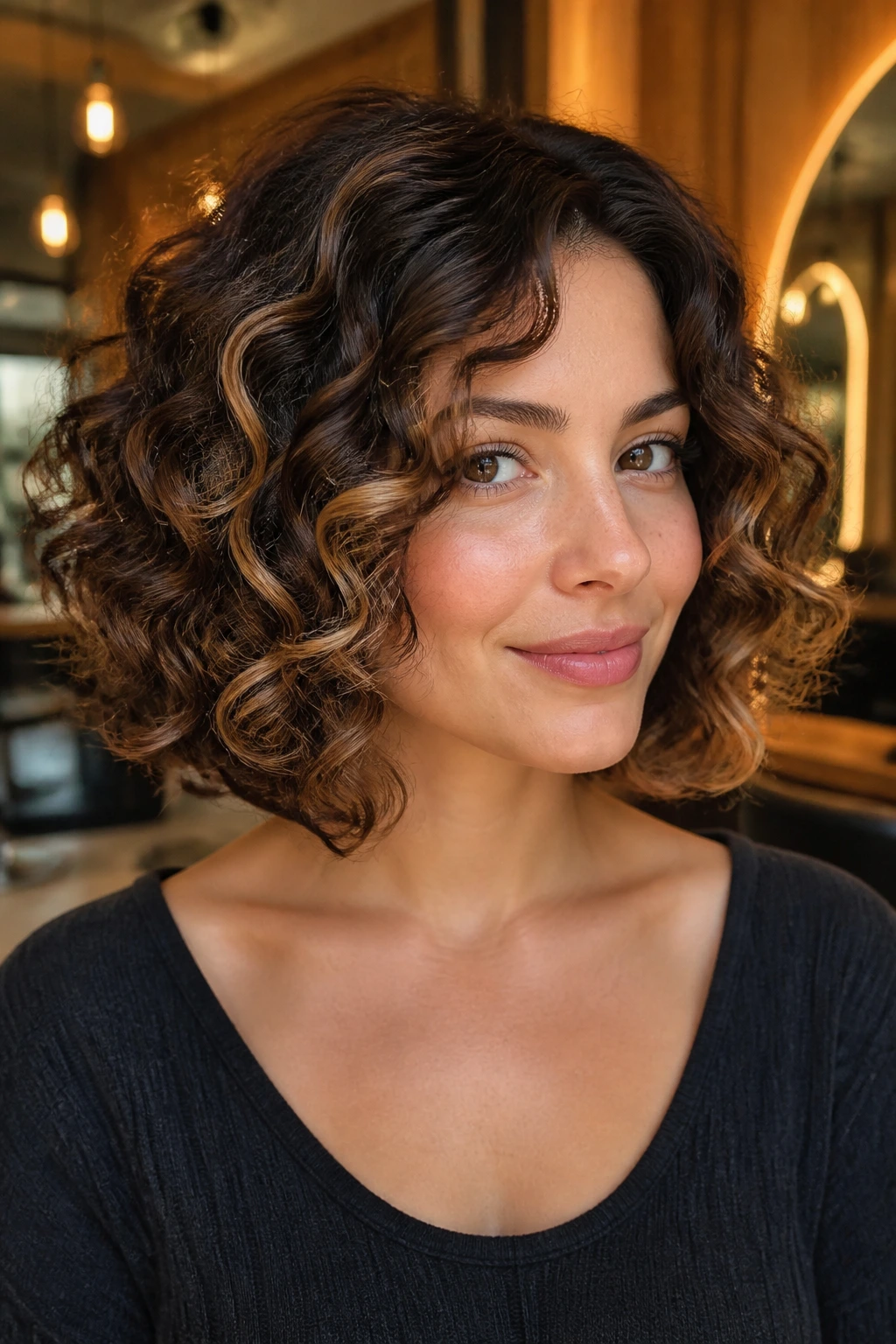 Close-up of brunette curly bob with caramel ribbon highlights framing the face