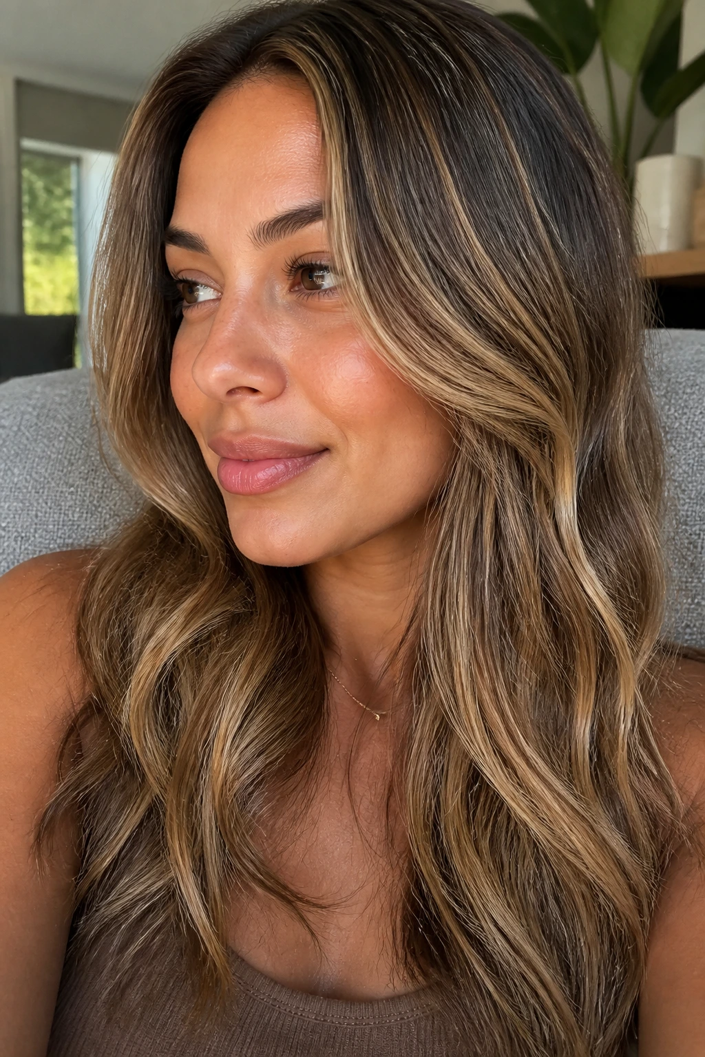 Tan skin with dark blonde base and caramel ribbons in hair