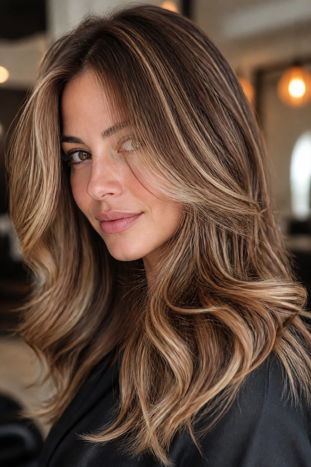 Close-up of a woman with caramel ribbon foilayage and a soft blowout