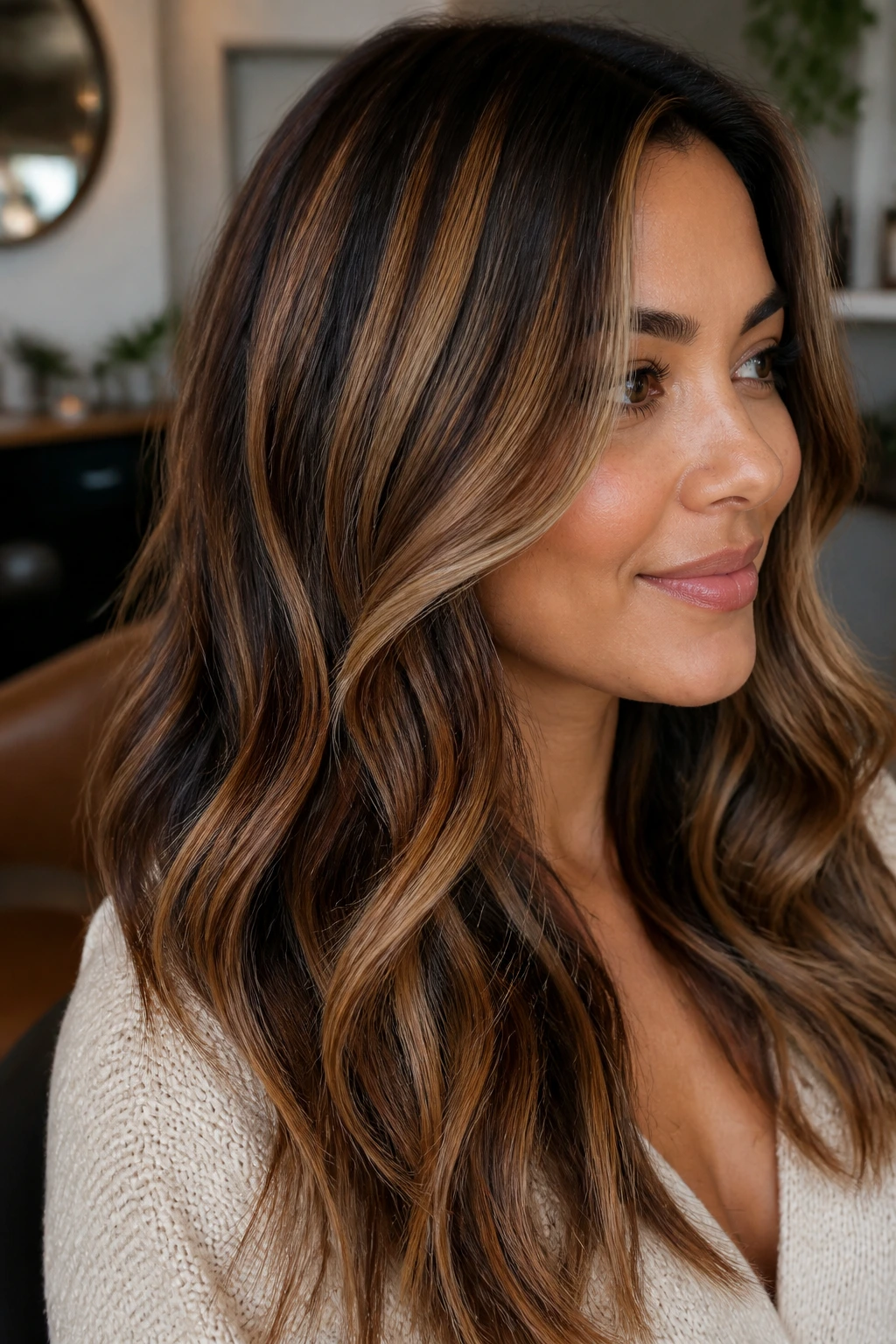 Real woman with caramel ribbon highlights in layered brunette