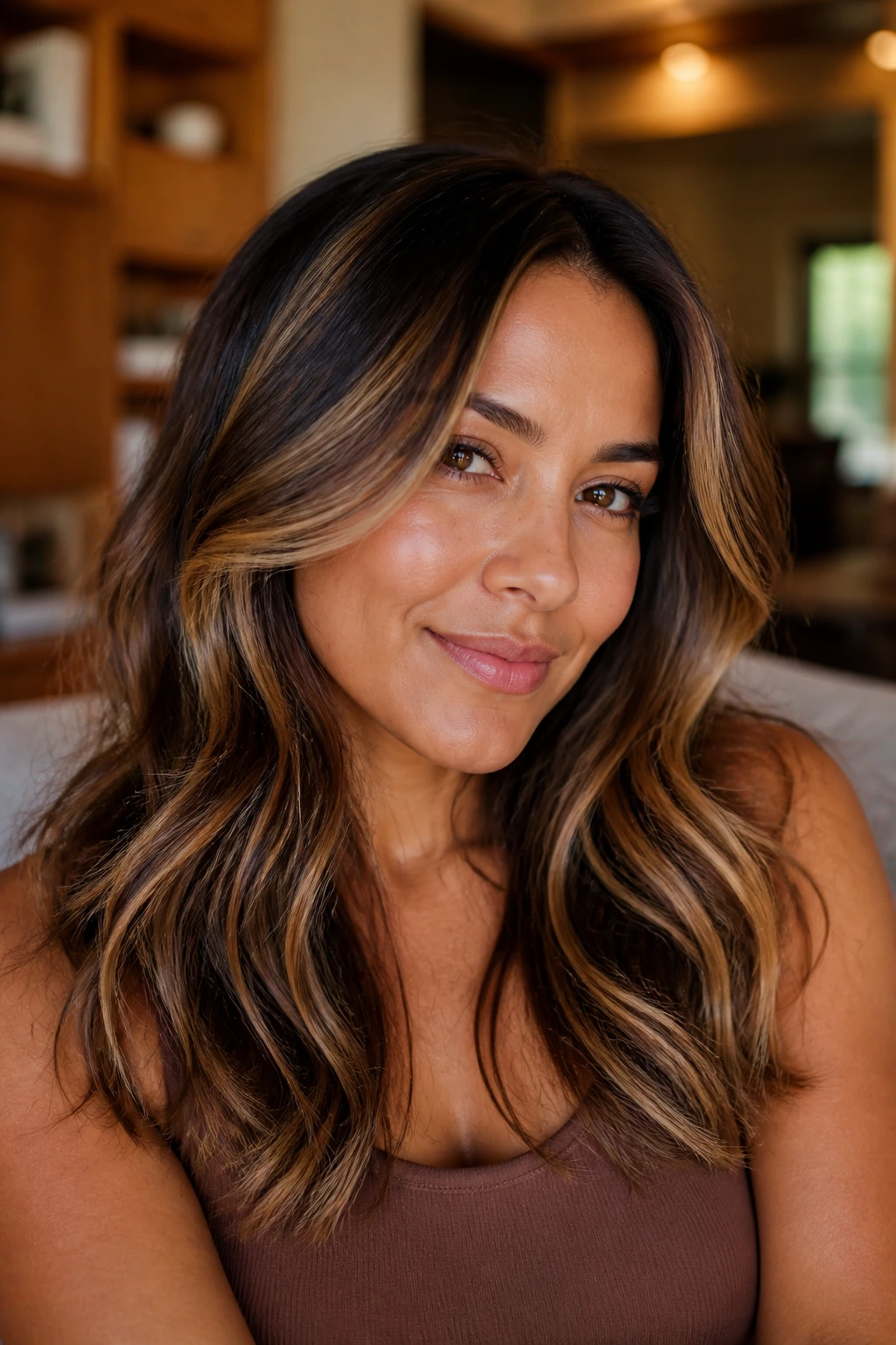 Woman with caramel ribbon highlights on mid-length hair.