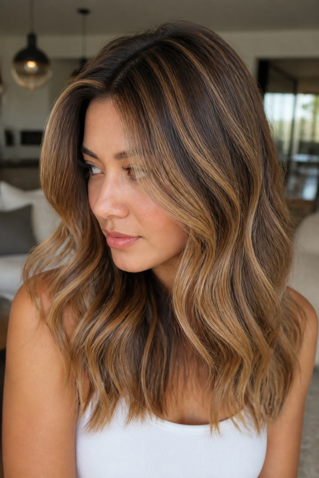 Close-up of caramel ribbon highlights with soft root smudge on crown