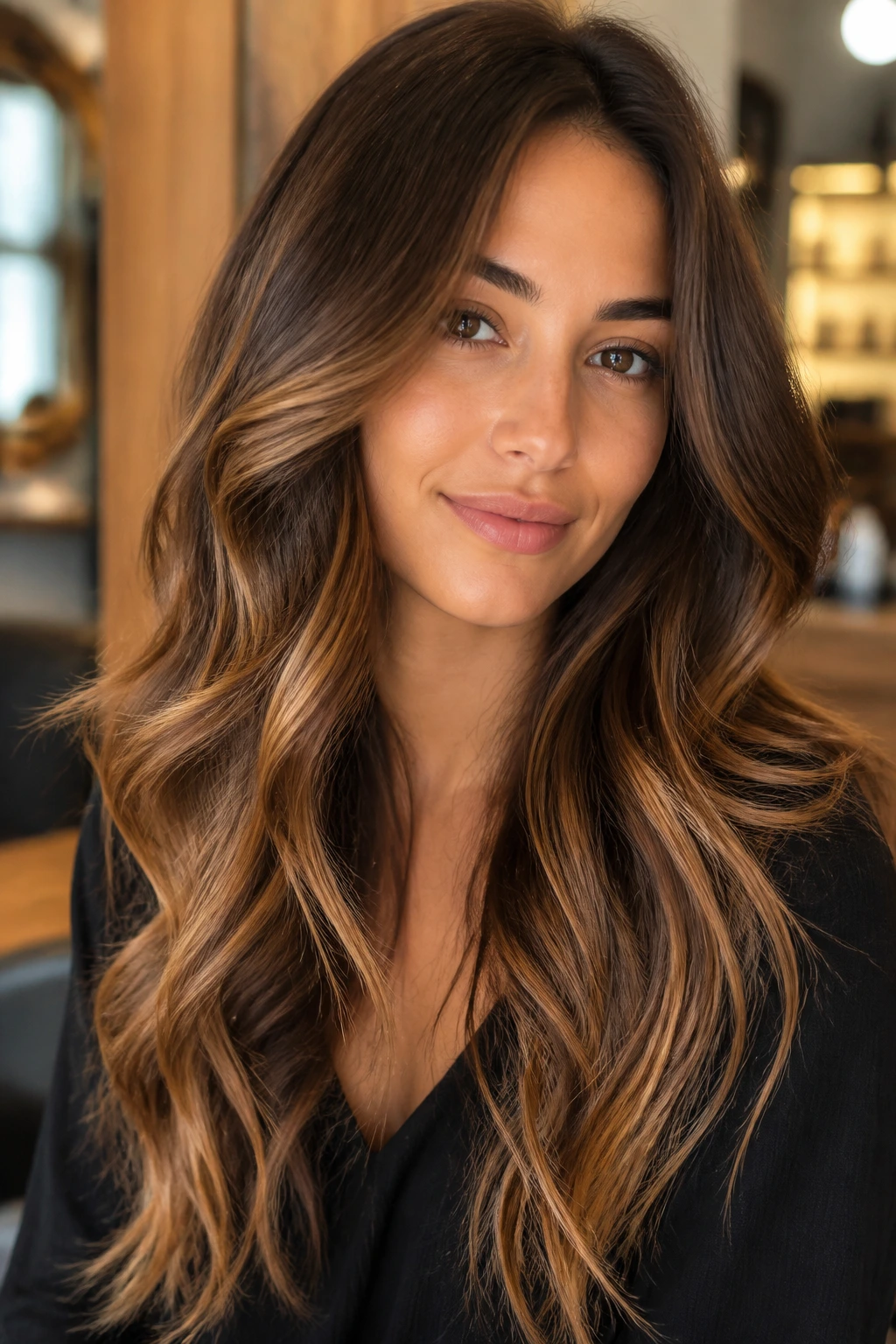 Portrait of brunette with caramel ribbons throughout long hair