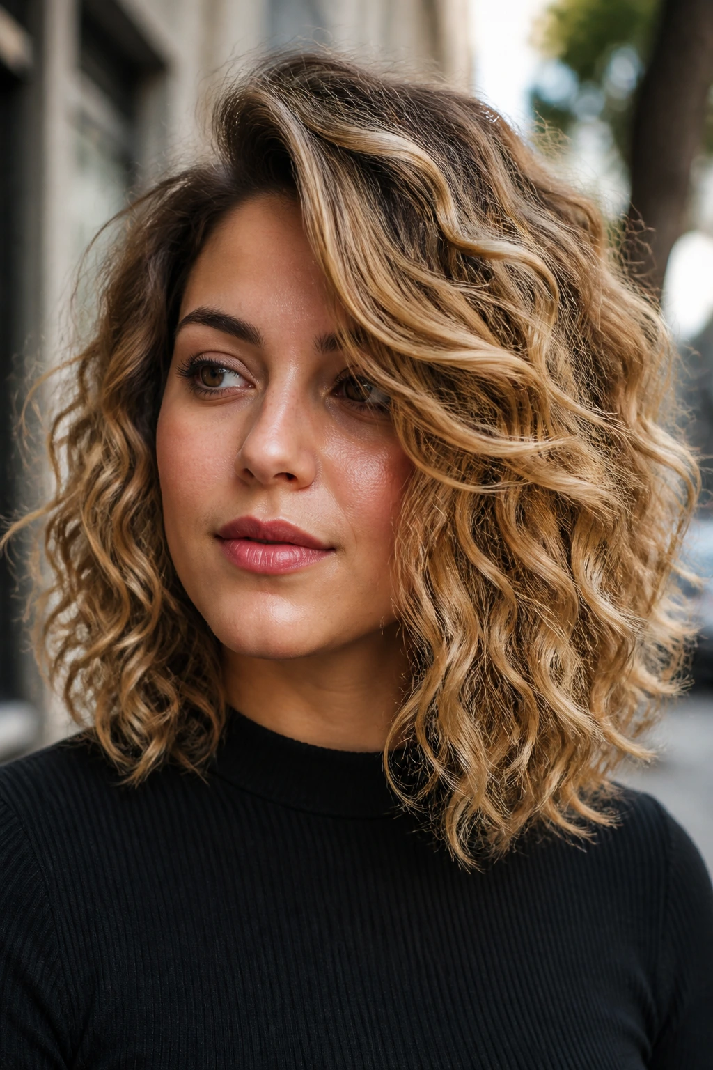 Close-up of a real woman with caramel ribbon lob and deep side sweep