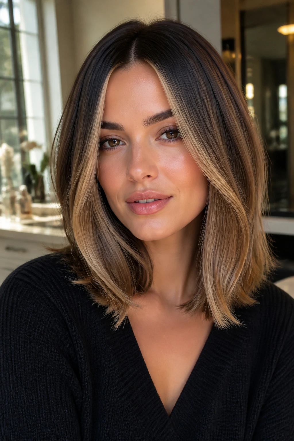 Close-up of a brunette with caramel ribbons in a lob, center part, soft rotation