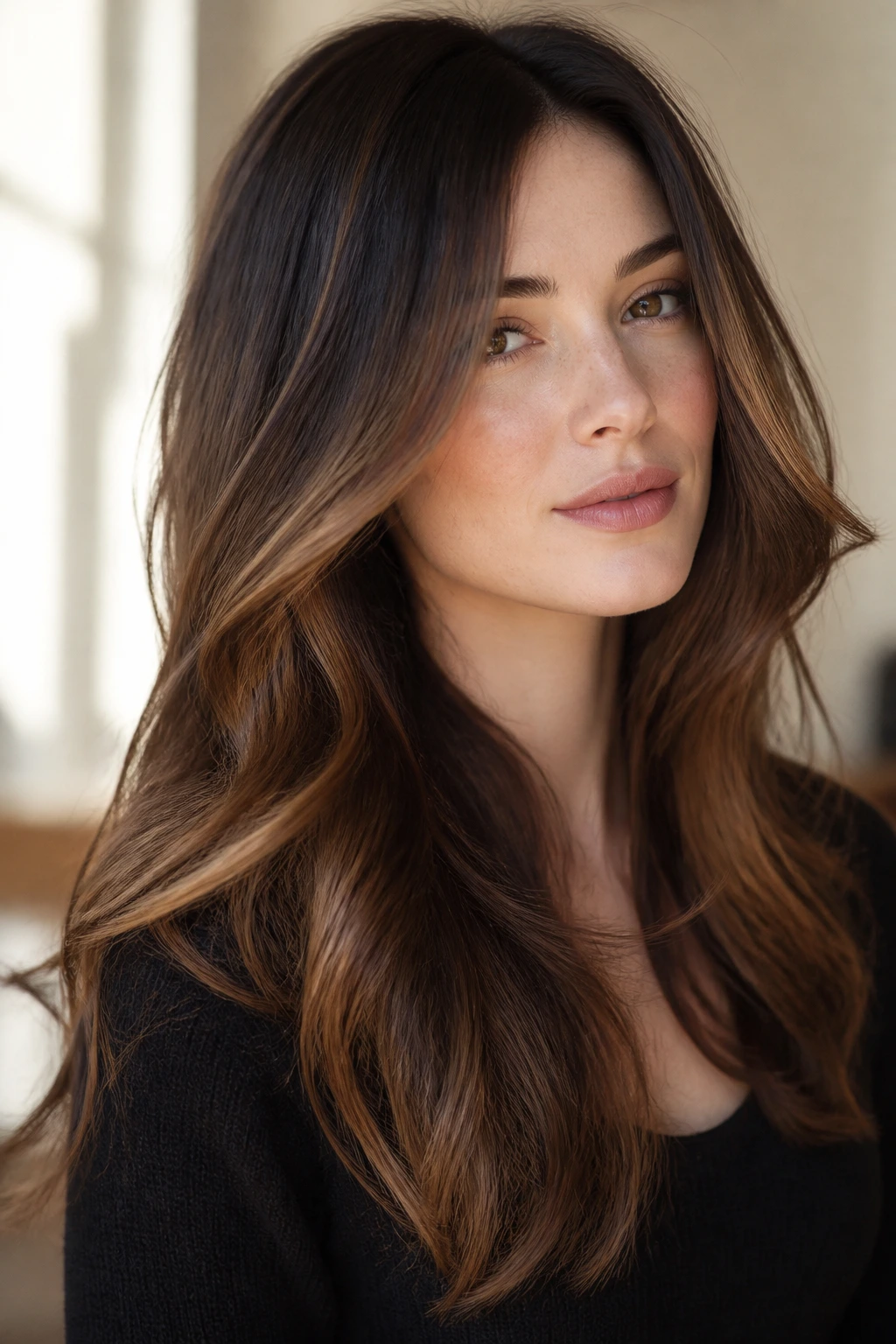 Portrait of a woman with caramel ribbons in long brown hair