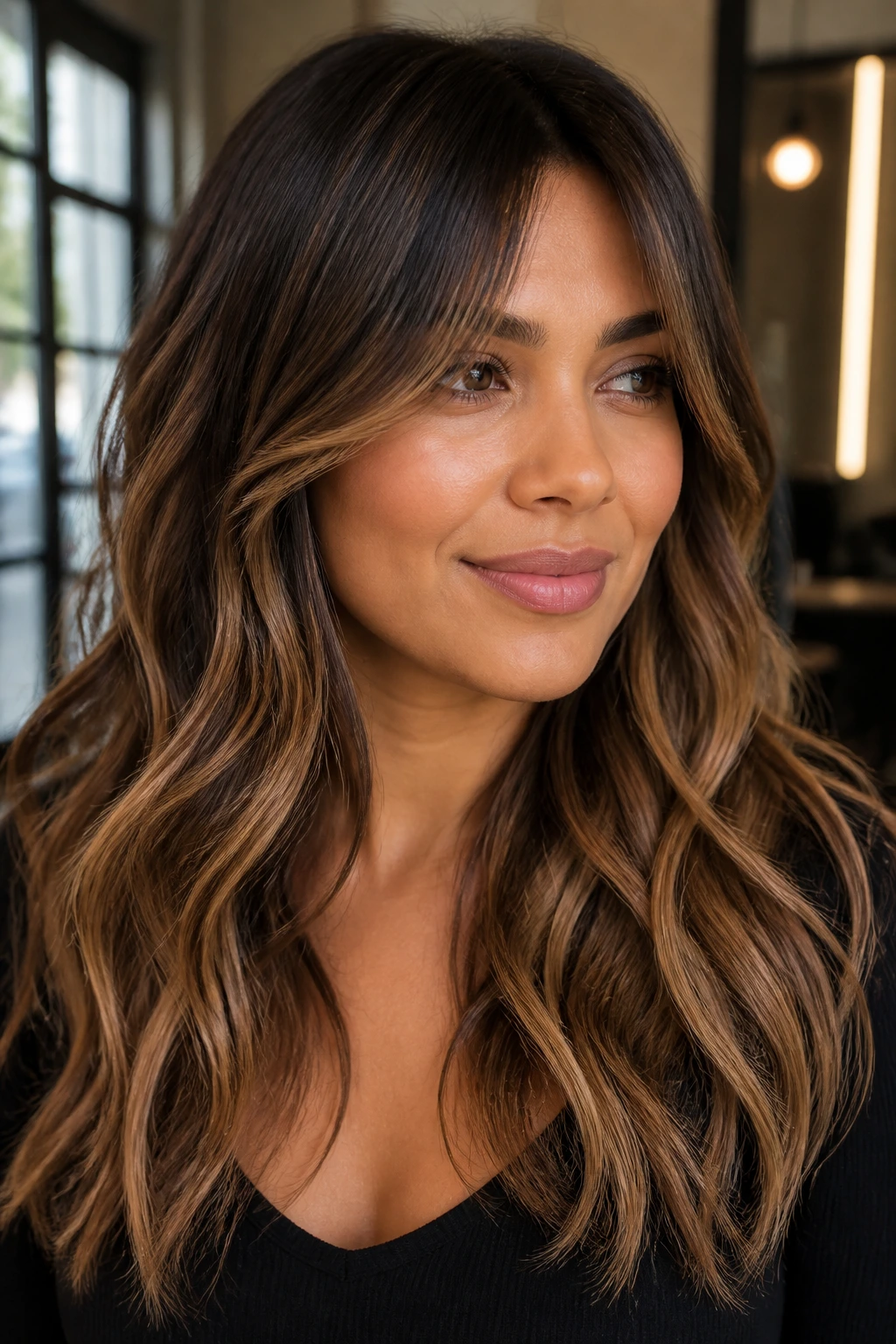 Real person with caramel ribbon brown ombre hair and curtain bangs