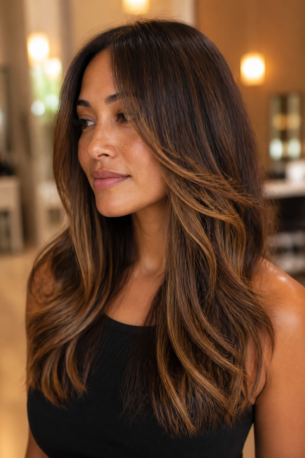 Close-up of a real woman with caramel ribbons woven through layered hair
