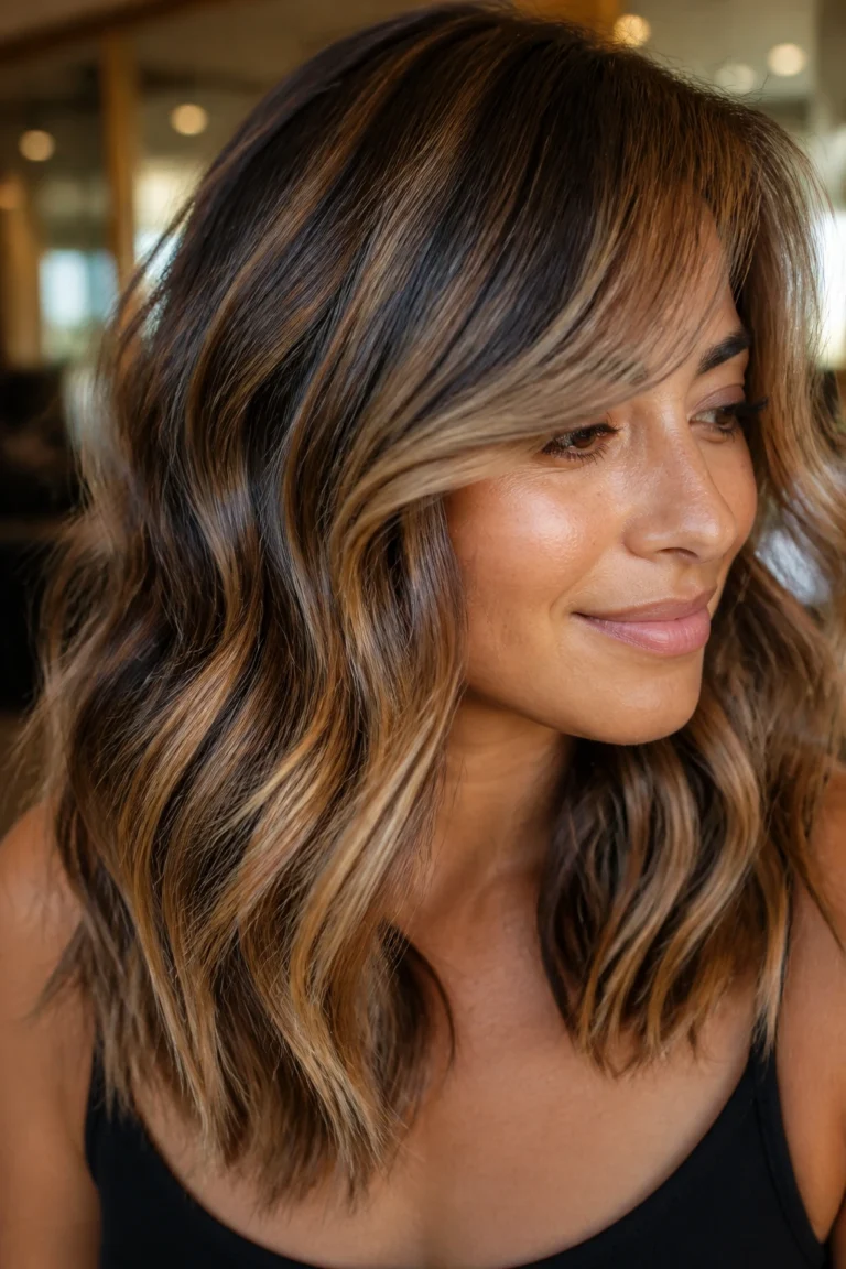 25 Light Brown Highlights for Tan Skin with Side-Swept Bangs