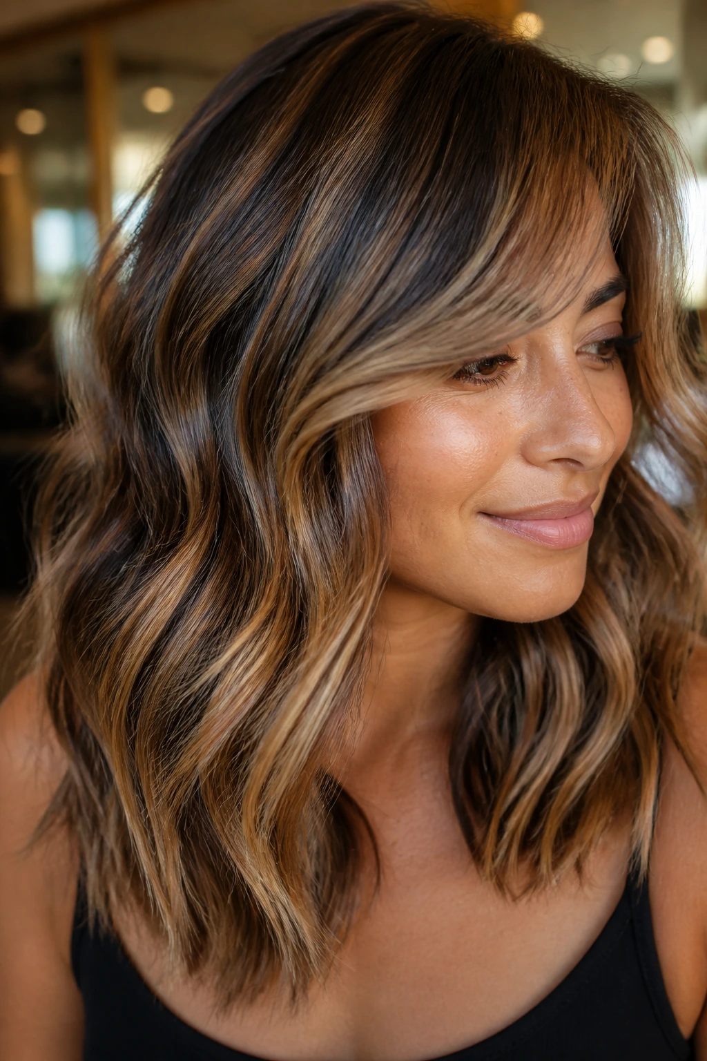Portrait showing caramel ribbons balayage with face-framing pieces and waves