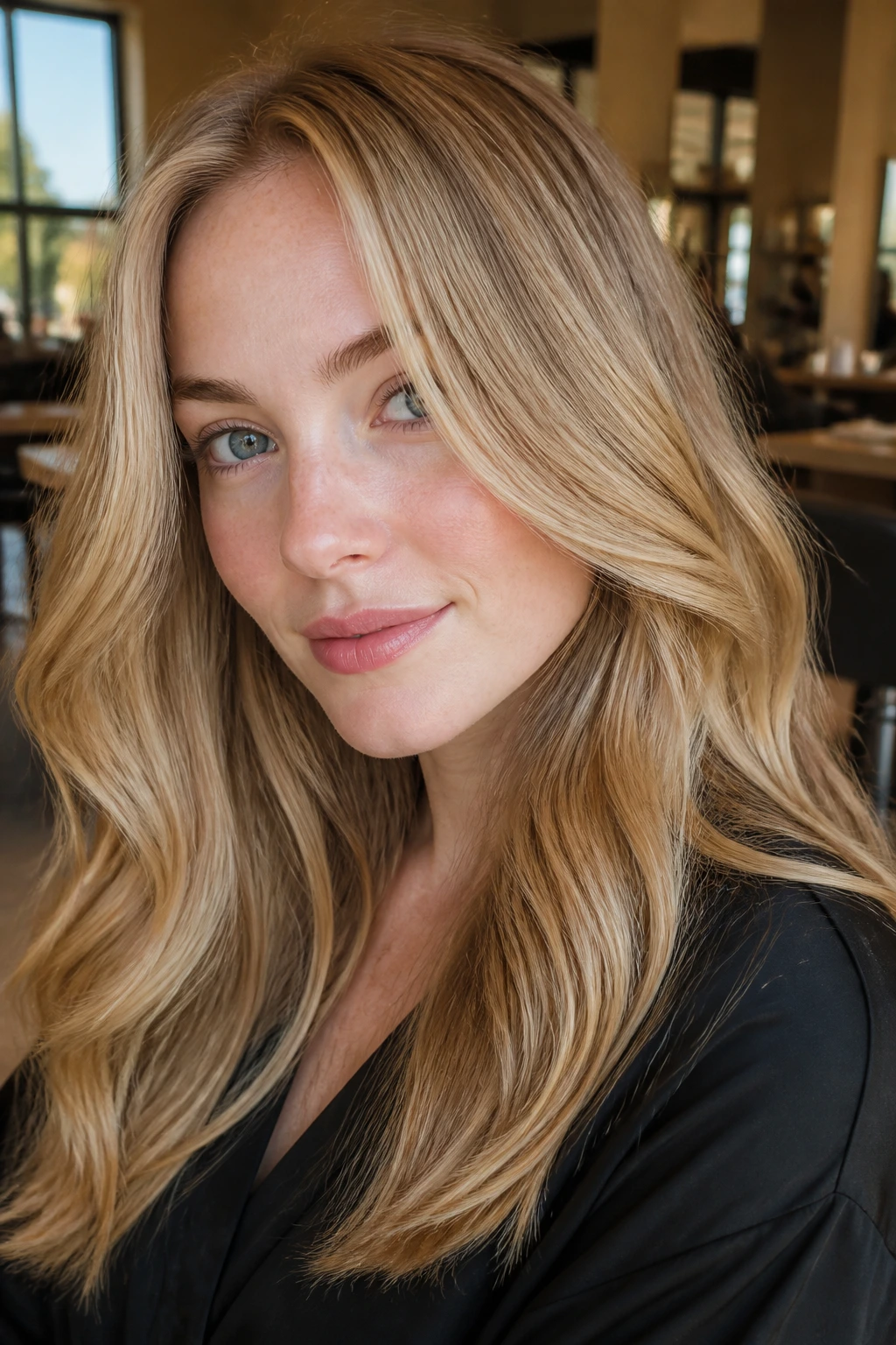 Close-up portrait of a real woman with caramel ribbon blonde hair, featuring caramel ribbons through a lighter base