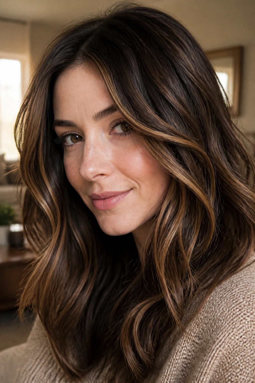 Close-up portrait of a real woman with brunette hair featuring caramel ribbons around the face