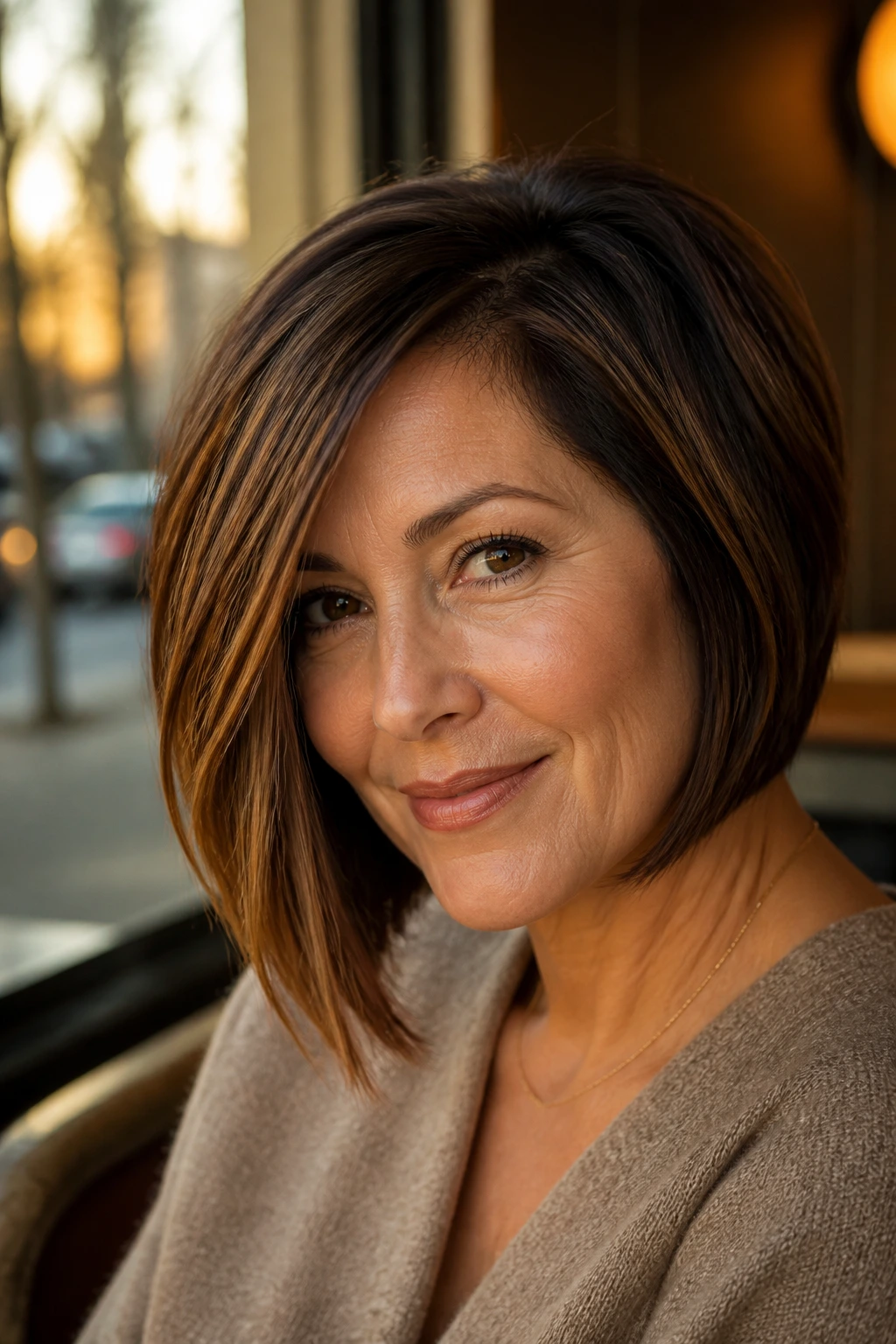 Close-up of a real brunette woman with caramel ribbon-highlighted bob