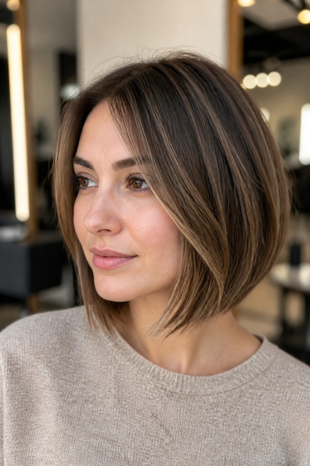 Close-up of a real woman with caramel ribbon highlights woven through a cool brunette bob.
