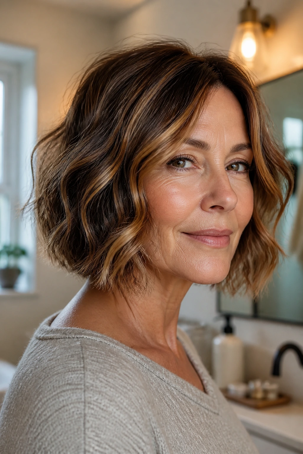 Close-up of a warm brunette bob with caramel ribbons around the face