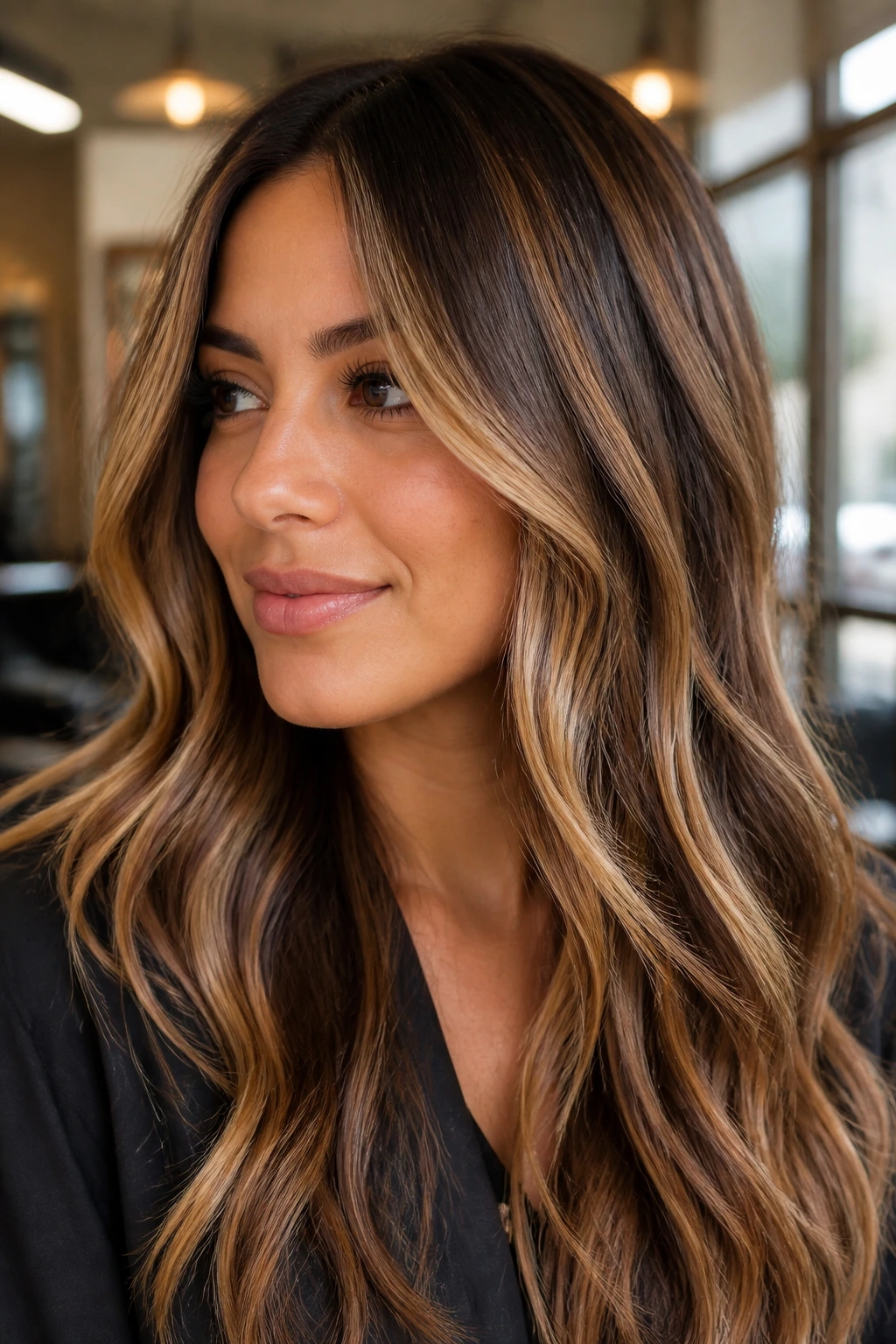 Brunette base with caramel ribbons and mocha lowlights around the face