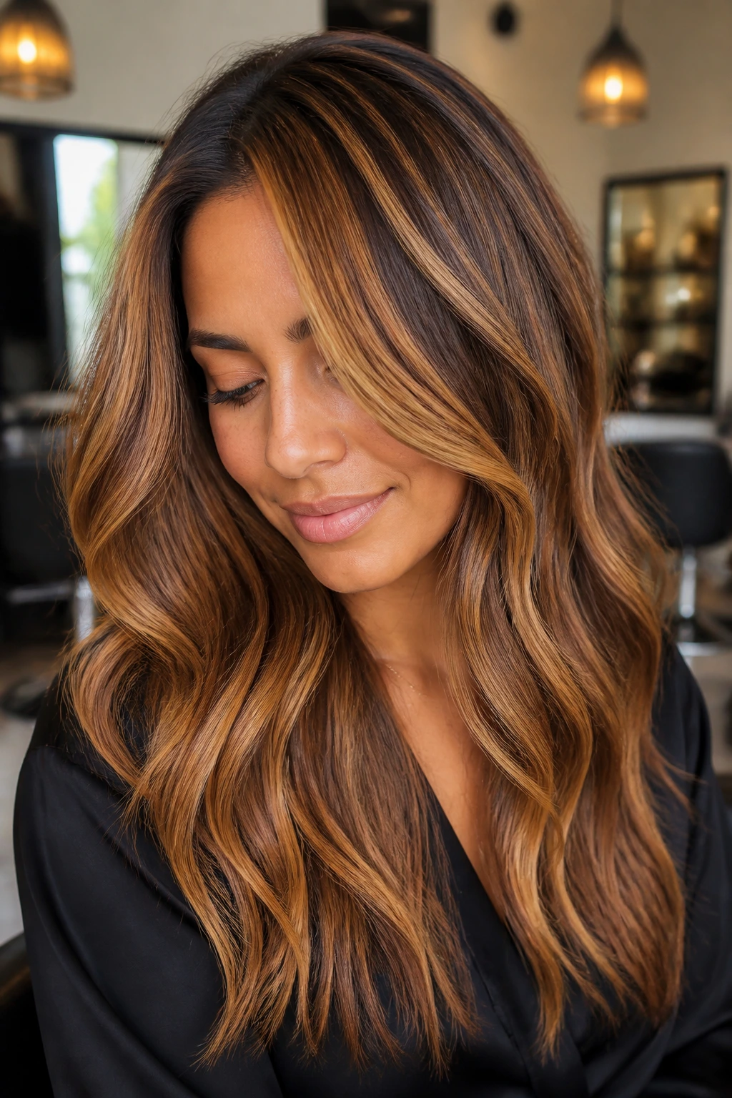 Close-up of a real woman with multi-tonal caramel ribbons in hair