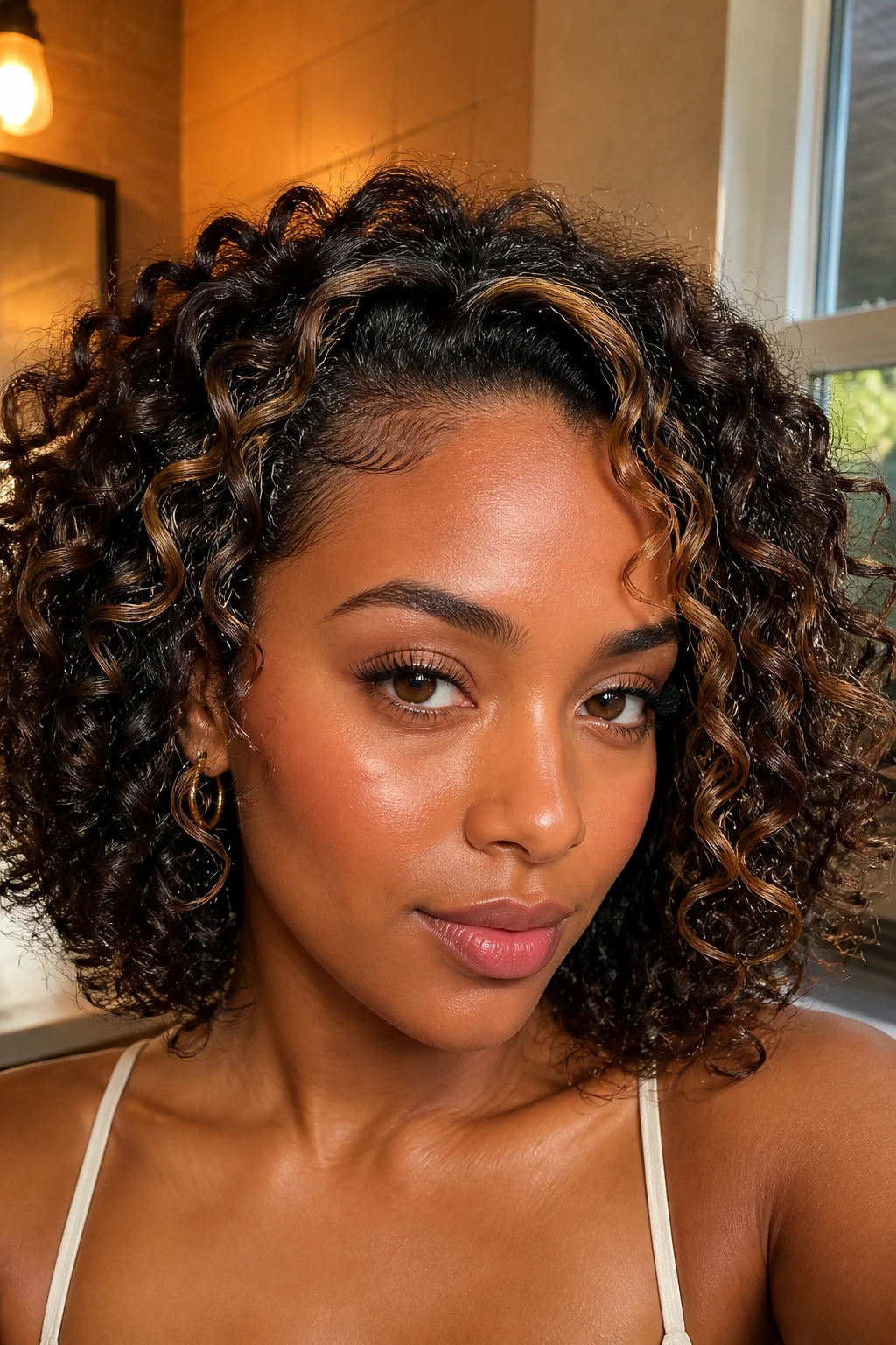 Deep-skinned model with warm caramel ribbons highlighting crown and front hairline in curls