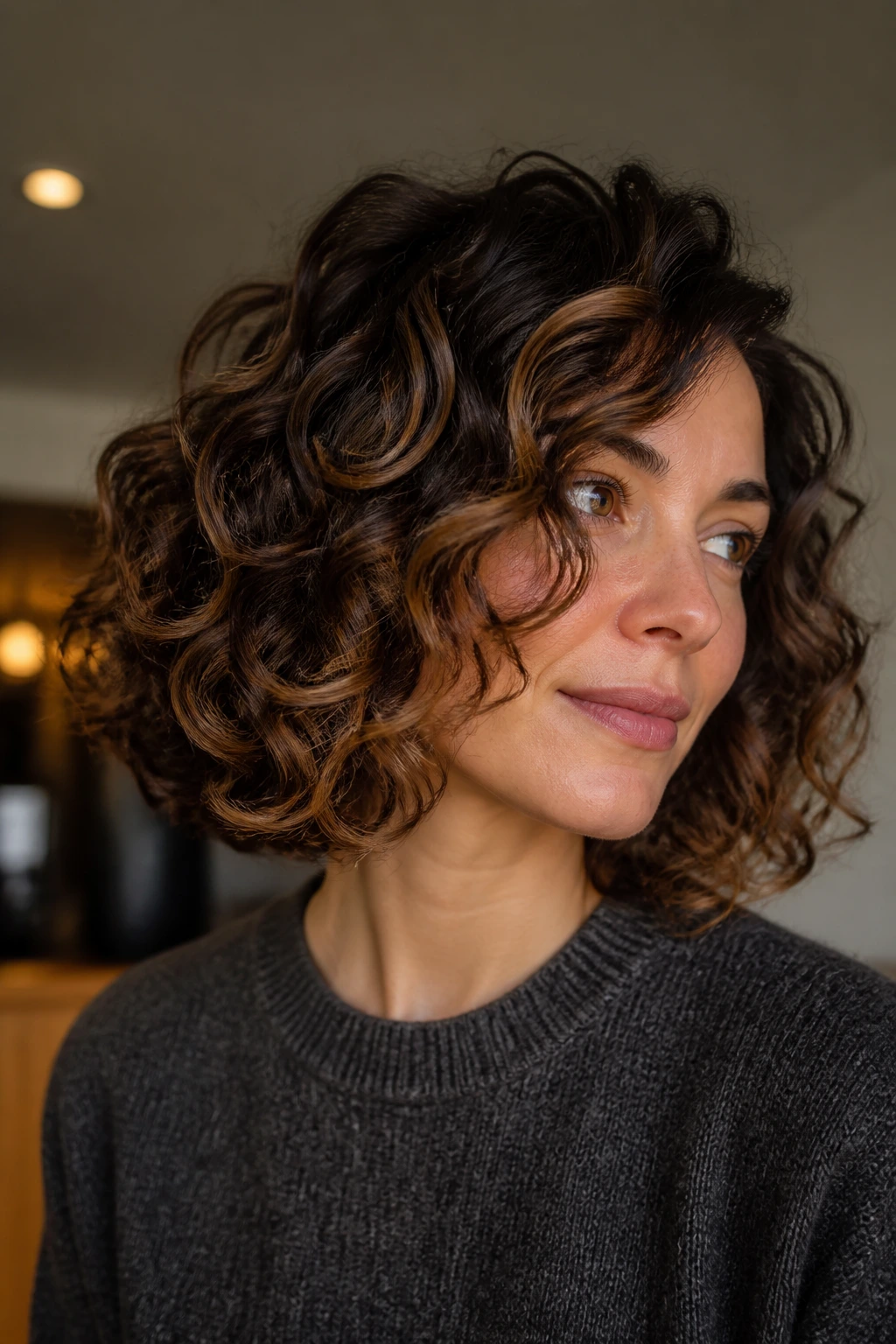 Curly brunette bob with caramel ribbon lights on real person