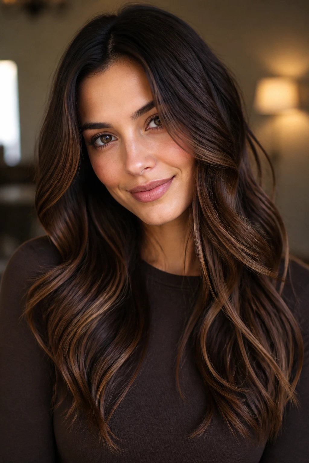 Dark chocolate brown hair with caramel ribbons