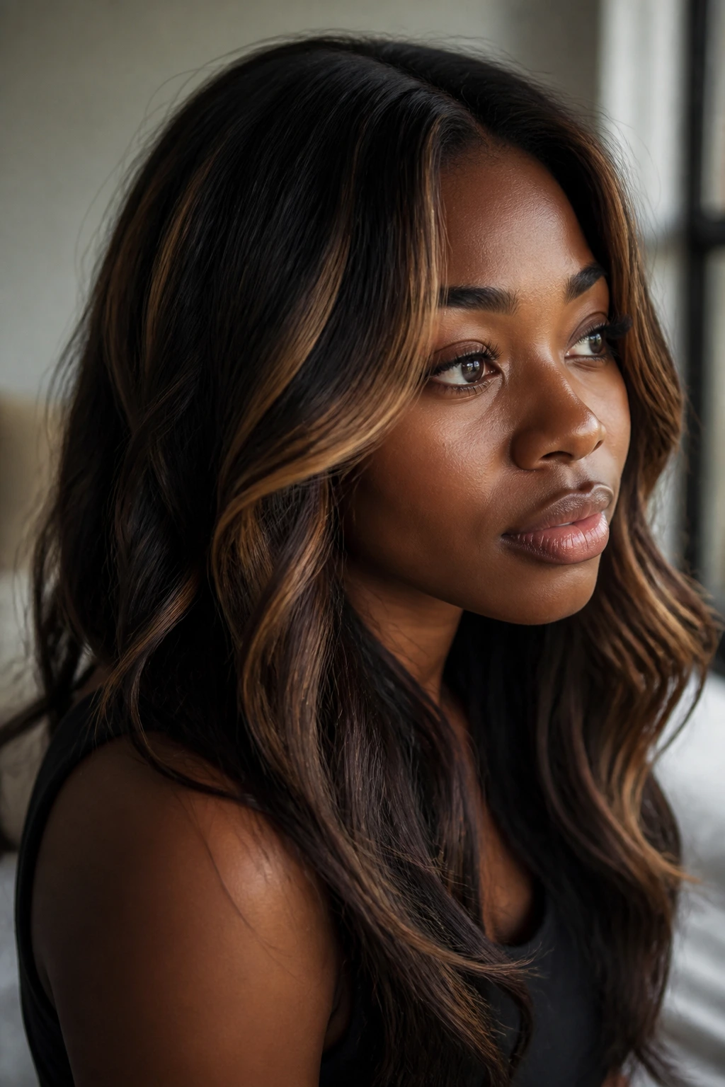 Close-up portrait of caramel ribbons in dark hair with warm glow