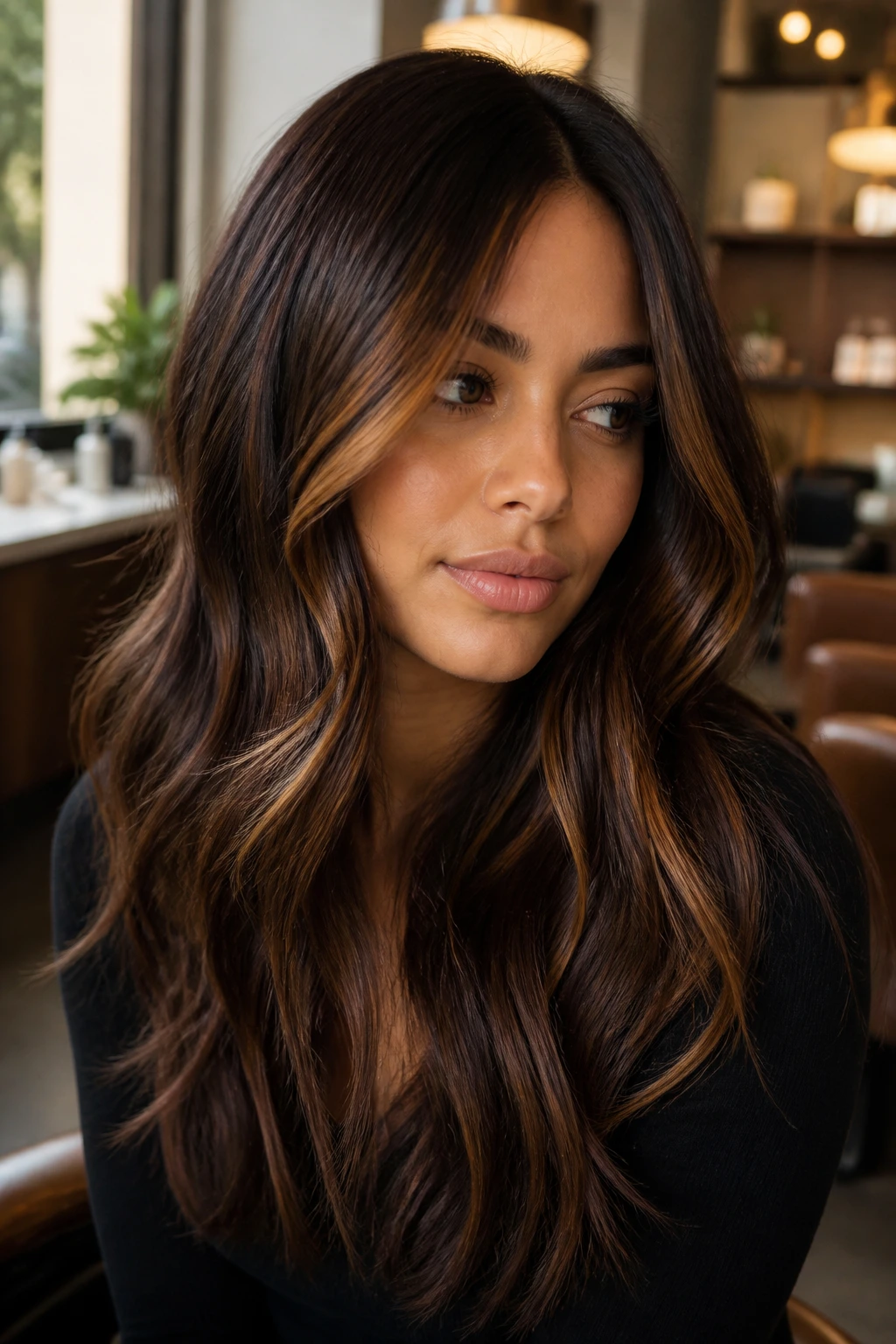 Close-up of caramel ribbons in espresso brown hair around the face