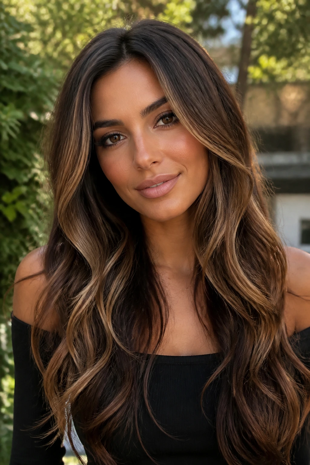 Portrait of a woman with caramel ribbons in espresso brown hair