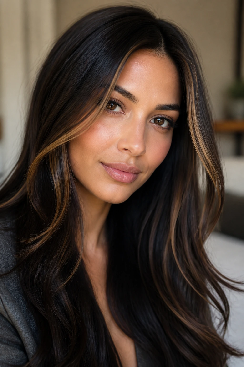 Close-up of a woman with fine caramel ribbons framing the face