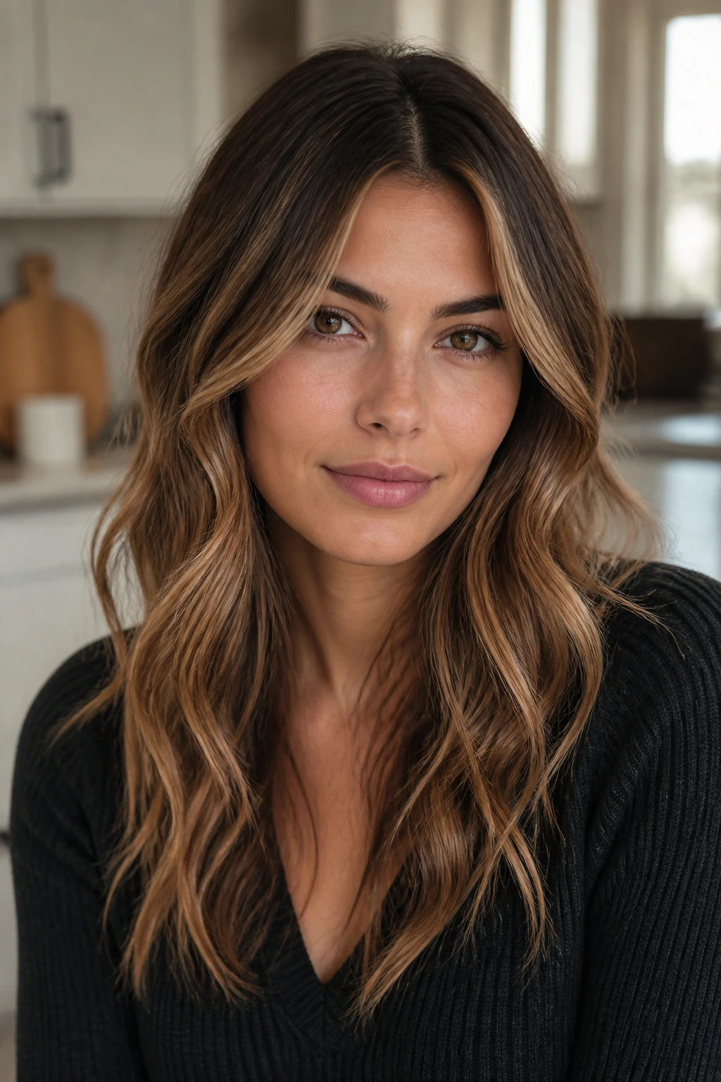 Portrait of a woman with fine hair and caramel ribbons balayage
