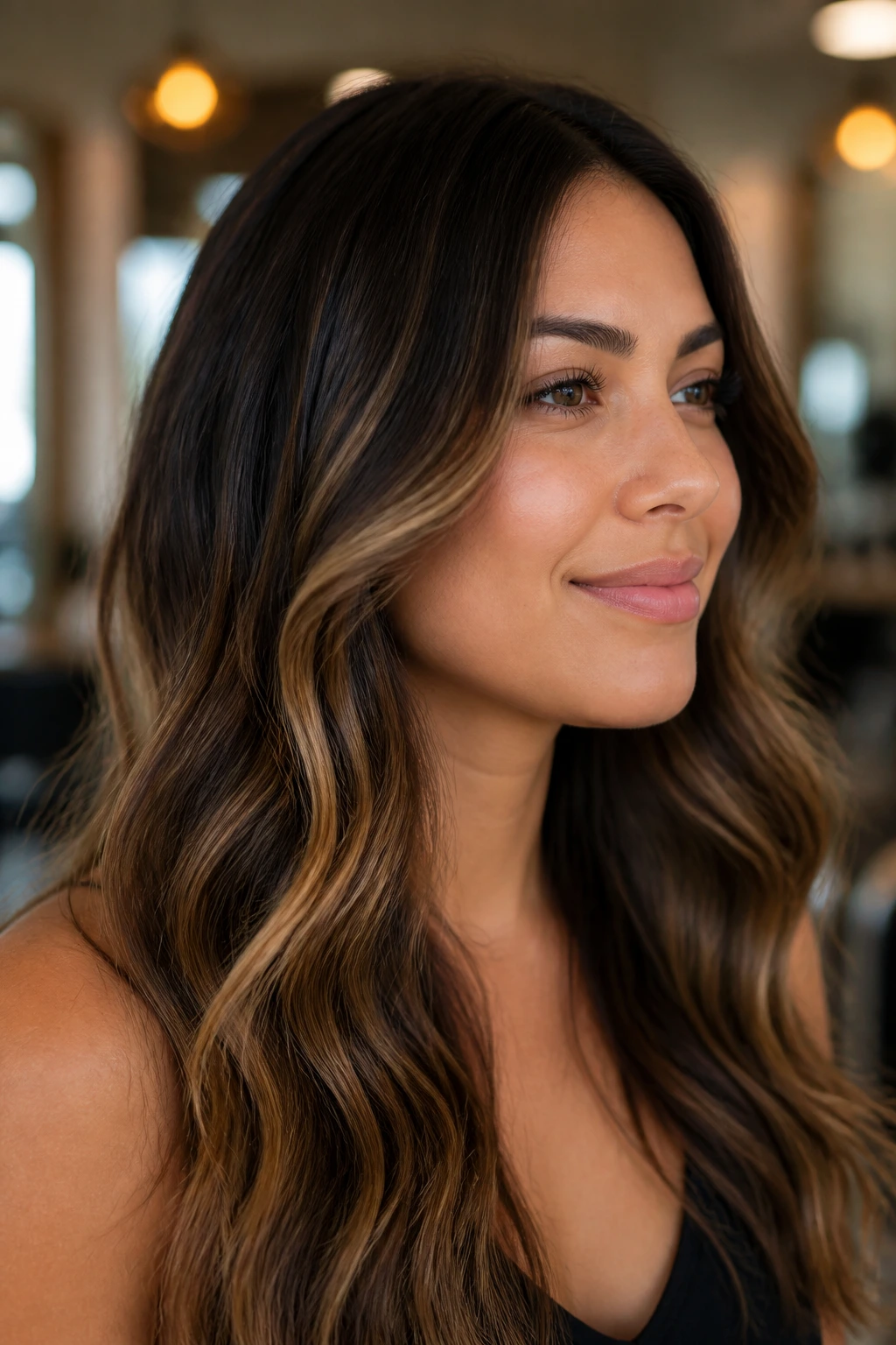 Close-up of caramel ribbons starting below the cheekbone on long hair