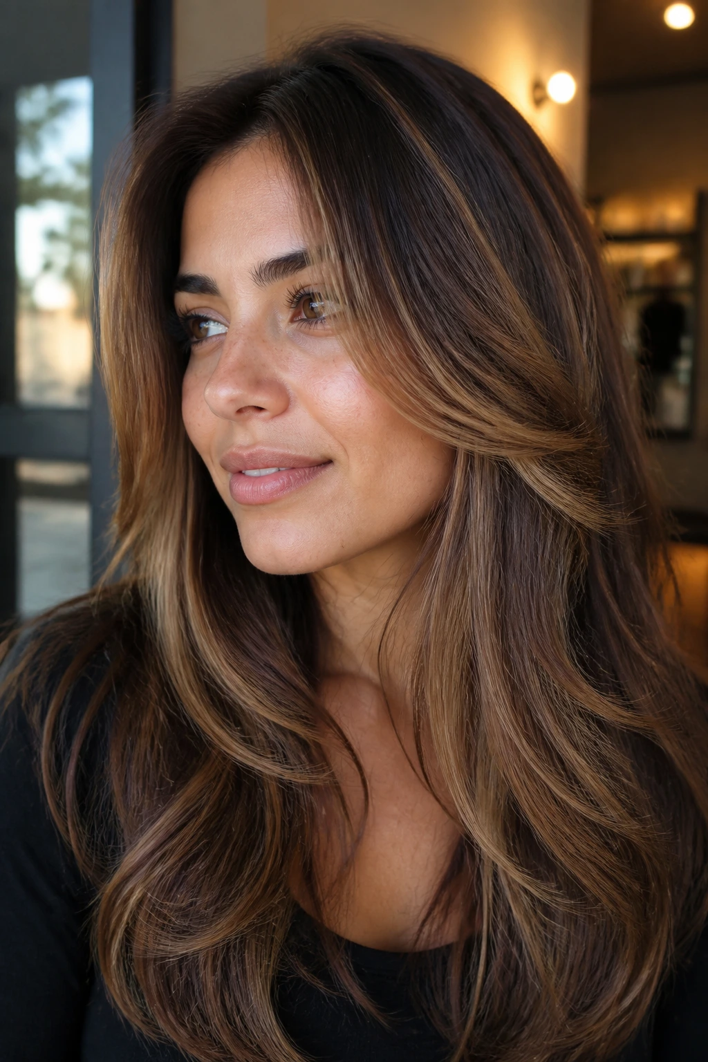 Real person with soft caramel ribbon highlights framing the face